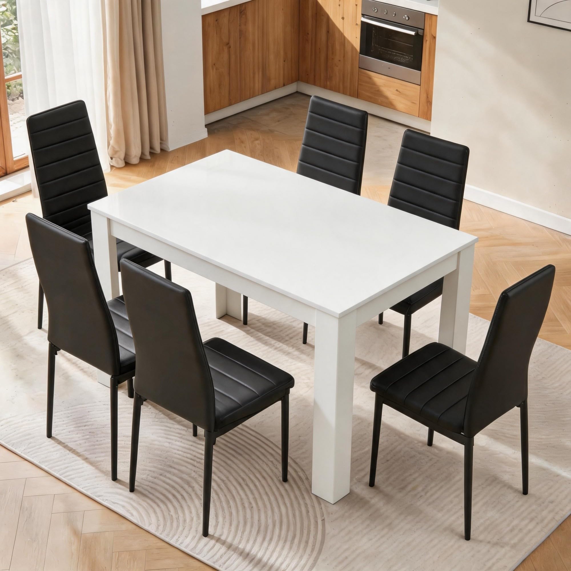 Homullel 120cm Dining Table and 6 Chairs, 6 Seater Kitchen Table and Chairs Set for Space Saving, Dining Room Set for 6, White (6 Seaters, Faux Leather Black)