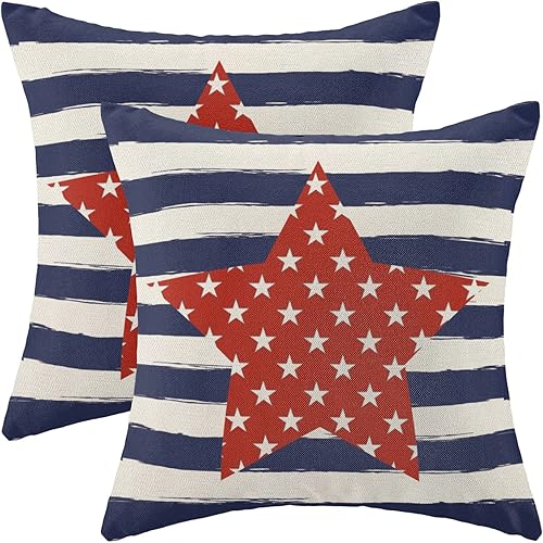 Miniatura 1 de Juego de 2 fundas de almohada de 20 x 20 pulgadas para el Día de los Caídos, Día de la Independencia, rayas azules y estrellas rojas, decoración de