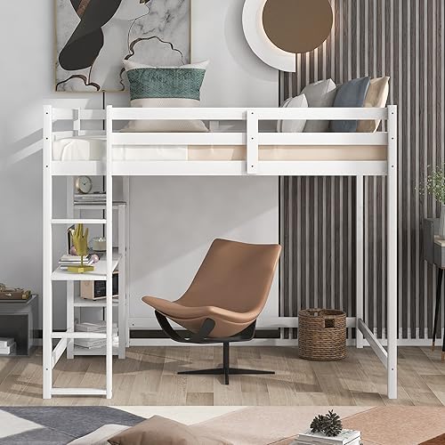 Miniatura 3 de ODC Cama tipo loft de tamaño matrimonial con escritorio y estantes de almacenamiento marco de cama tipo loft de madera con escalera y barandilla de