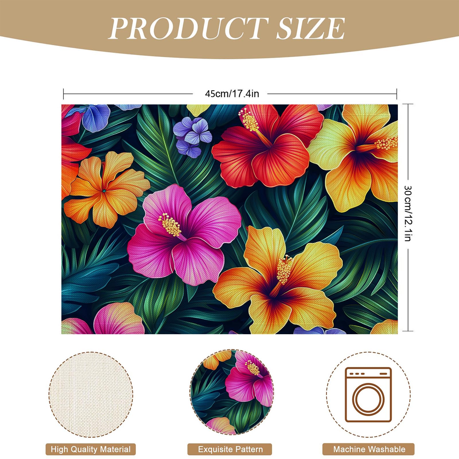 Set di 8 Tovagliette Americane Lavabili Cotone Lino Ibisco - Tovaglietta Americana Resistenti al Calore Durevole Fiori tropicali - per Colazione Pranzo 30×45 cm