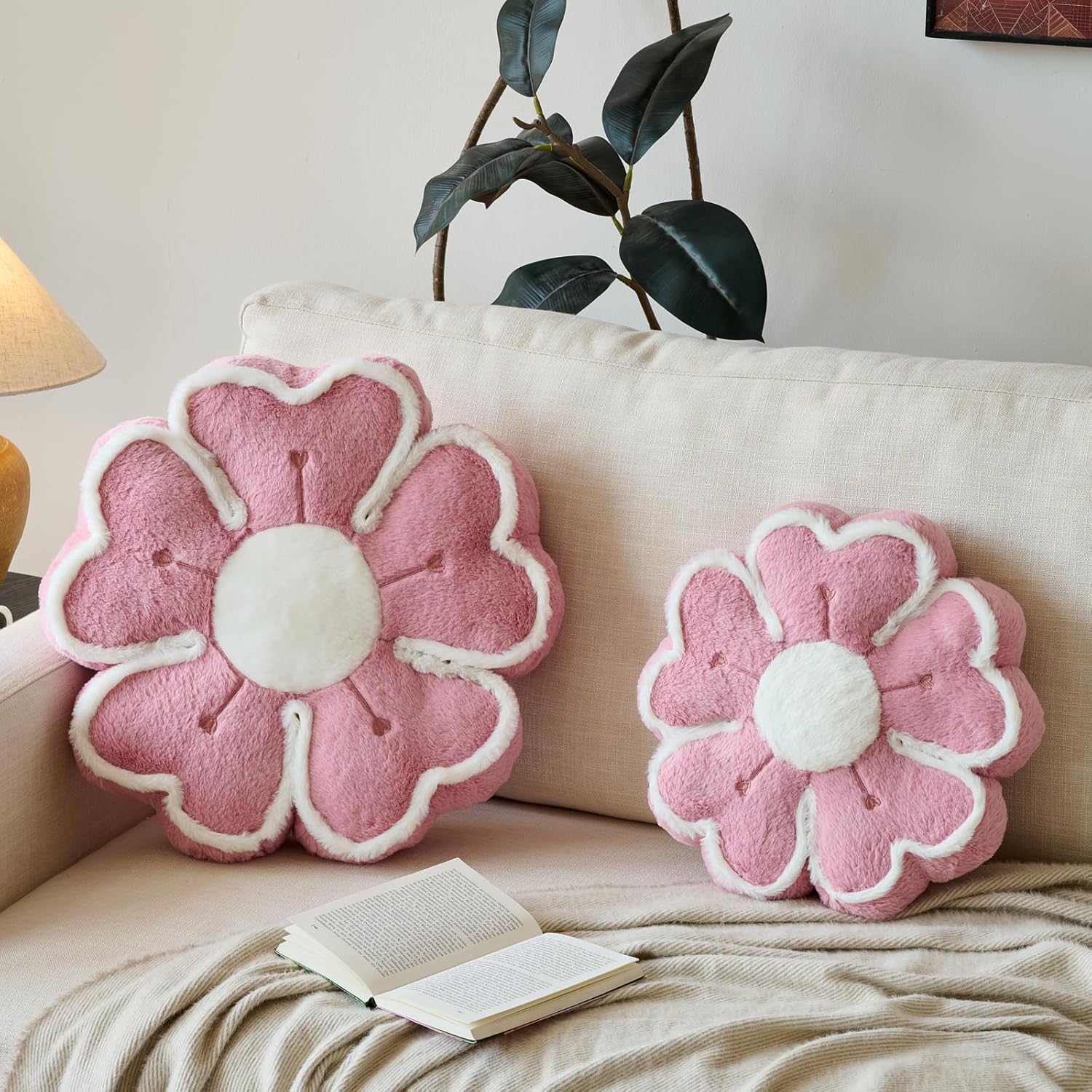 Flower Shaped Decorative Throw Pillow Cushion for Bed Couch, Cute Flower Plush Throw Pillows Home Decor Floor Pillow Seating Cushions (Grey Pink, 13.7 Inches) - Image 2