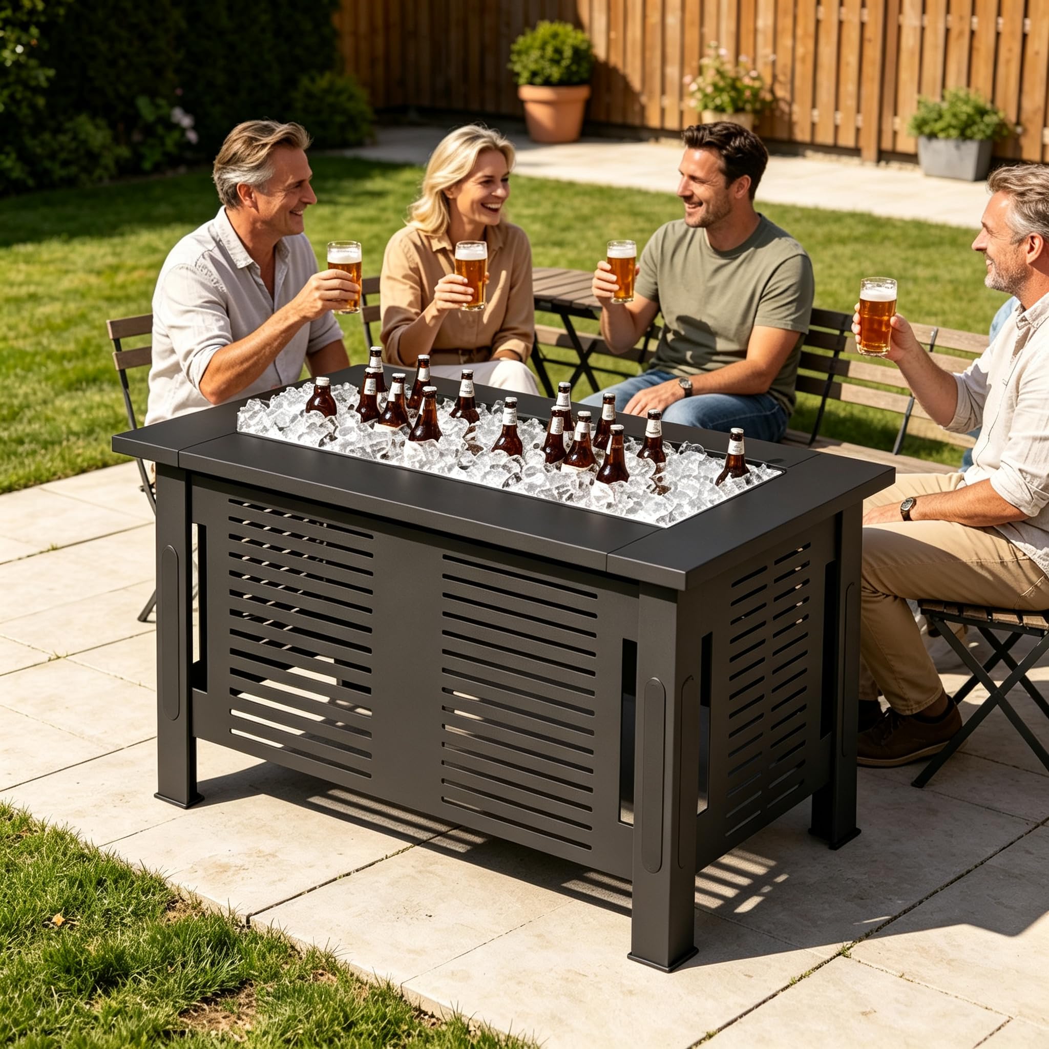 YODOLLA Feuertisch mit Grillrost & Grillzange für Heizung/BBQ Grill | 108x58x63cm Metall Feuerschale, 3-in-1 Holzbrennender Gartenfeuerstelle als Tisch für Gartenpartys verwenden, Schwarz