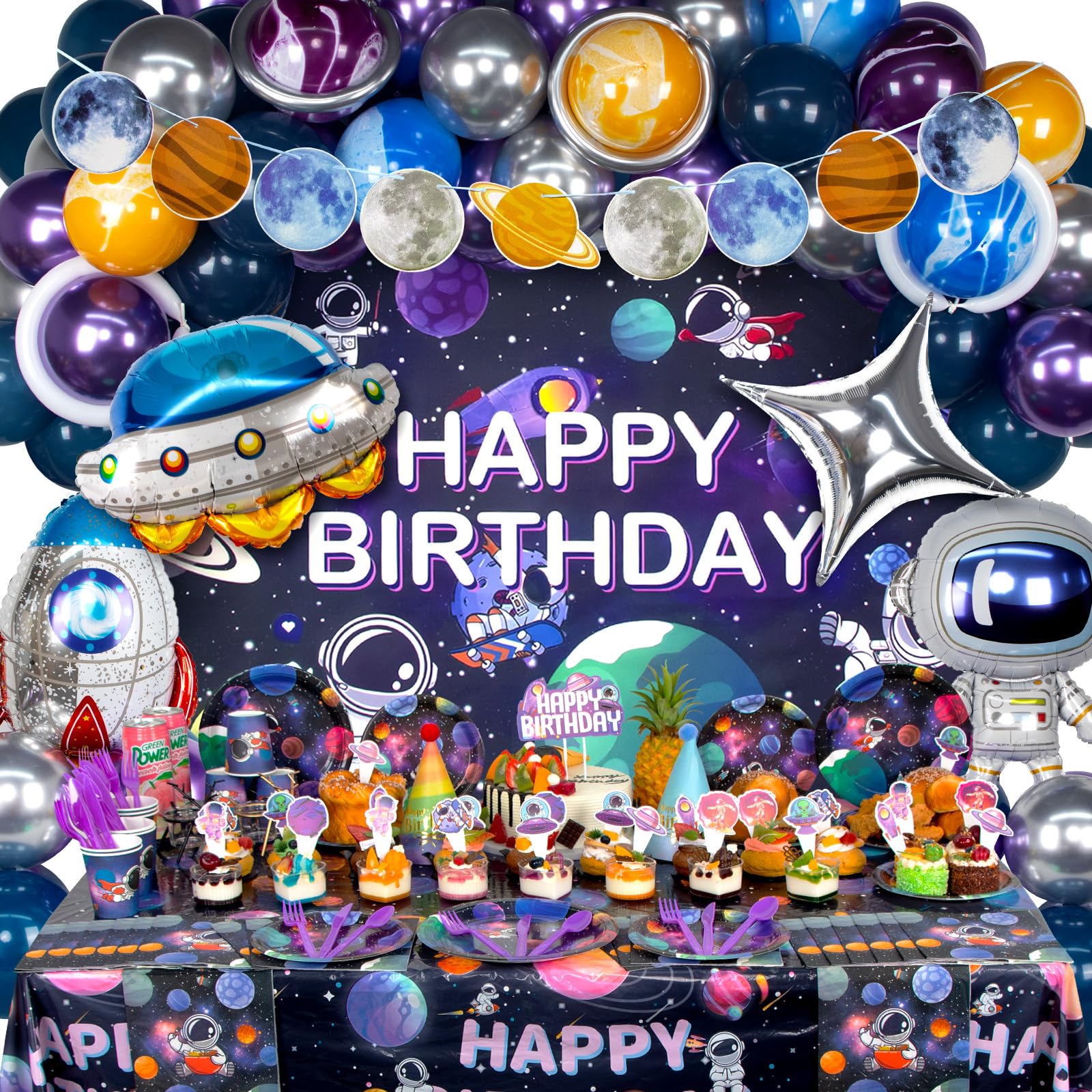 180 PCS Outer Space Birthday Party Decorations, Space Themed Party Decorations Includes Space Balloons, Backdrop, Galaxy Banner, Tablecloth, Plates, Cups, Cake Toppers for Kids Boys