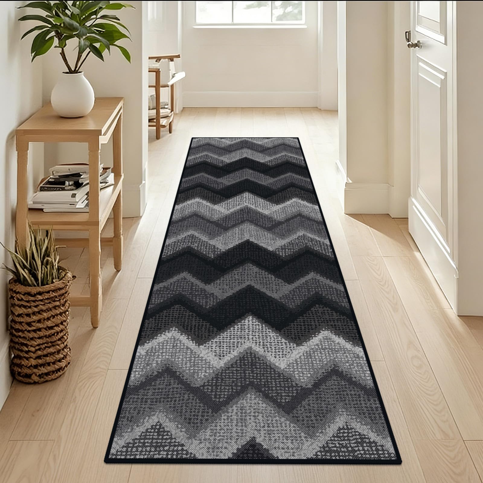 TUKDAK Boho Runner Rugs for Hallway Non Slip 60x180cm, Geometric Washable Kitchen Carpet Runner, Bohemian Long Hall Rug for Entryway Bedroom Laundry Living Room, Low Pile Non Shedding, Black Grey
