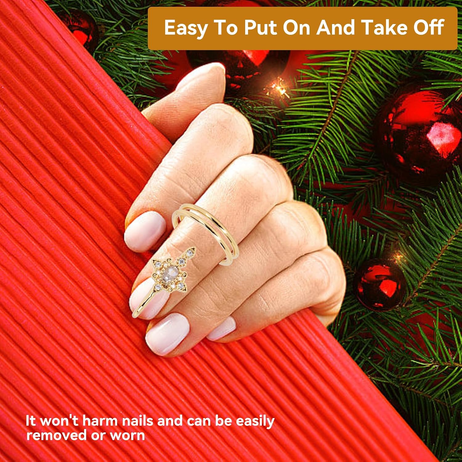 Agatige Women Finger Nail Ring, Fashionable Finger Nail Knuckle Rings, Nail Cover Ring, Fingernail Rings, Finger Tip Manicure Jewelry, Nail Art Decorations Accessory for Daily Use(3057Gold) image 3