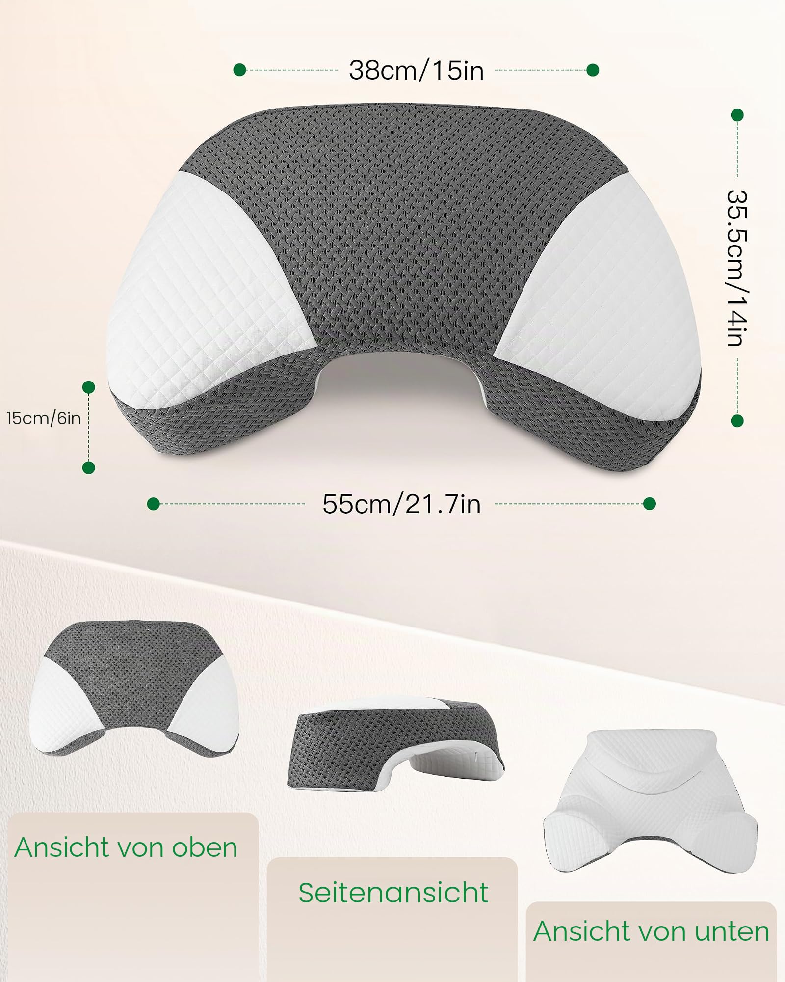 Seitenschläferkissen Memory Foam mit Armloch, 55/38x35.5x15cm | Speziell für Seitenschläfer zur Druckentlastung für Schultern & Arme, Mittelfest, CertiPUR-US Memory-Schaum, OEKO-TEX Stoff