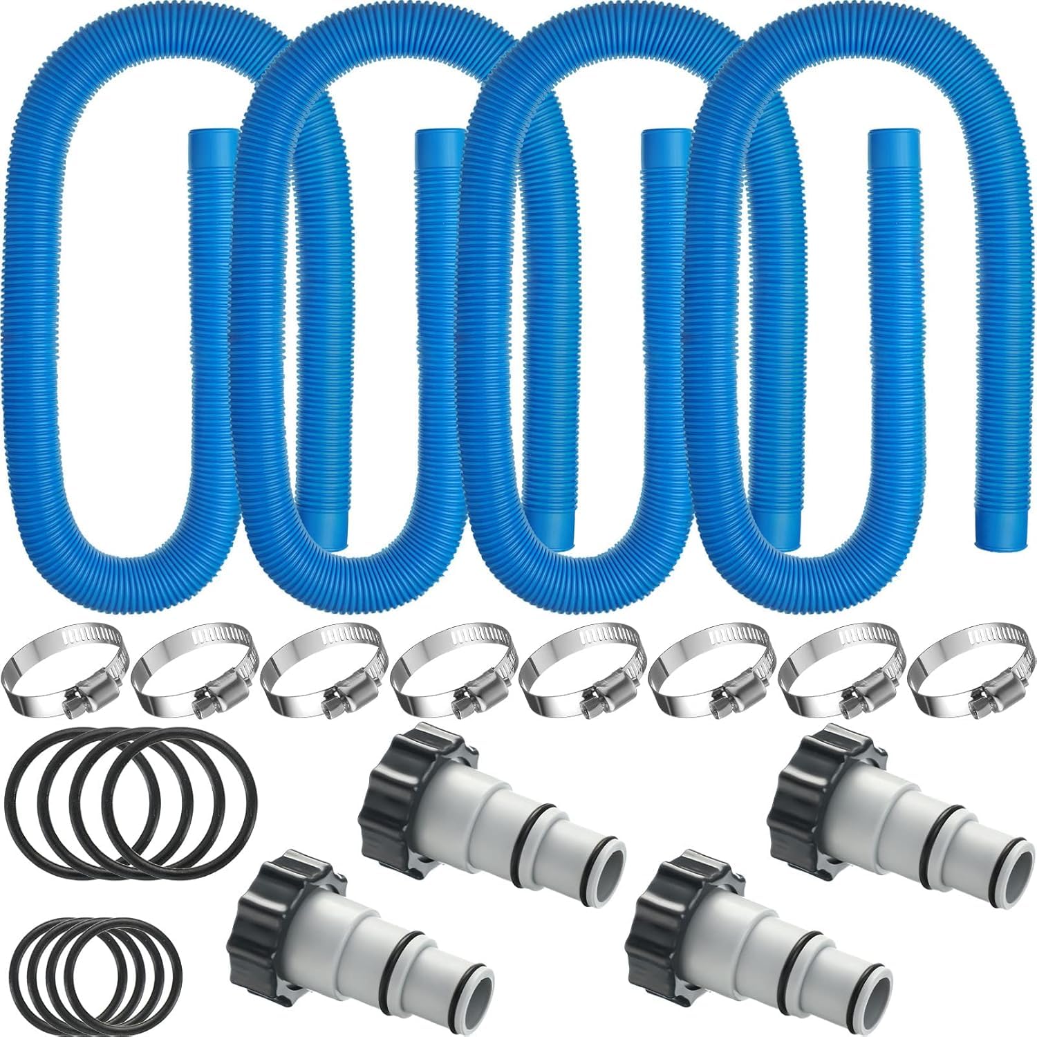 Photo 1 of eBoot 4 Pack Swimming Pool Filter Hose Replacement Kit 1.5" x 59" Pool Hose for Above Ground Pools Replacement Hoses with 8 Pcs Metal Clamps and 4 Pcs Hoses Adapter (Blue)