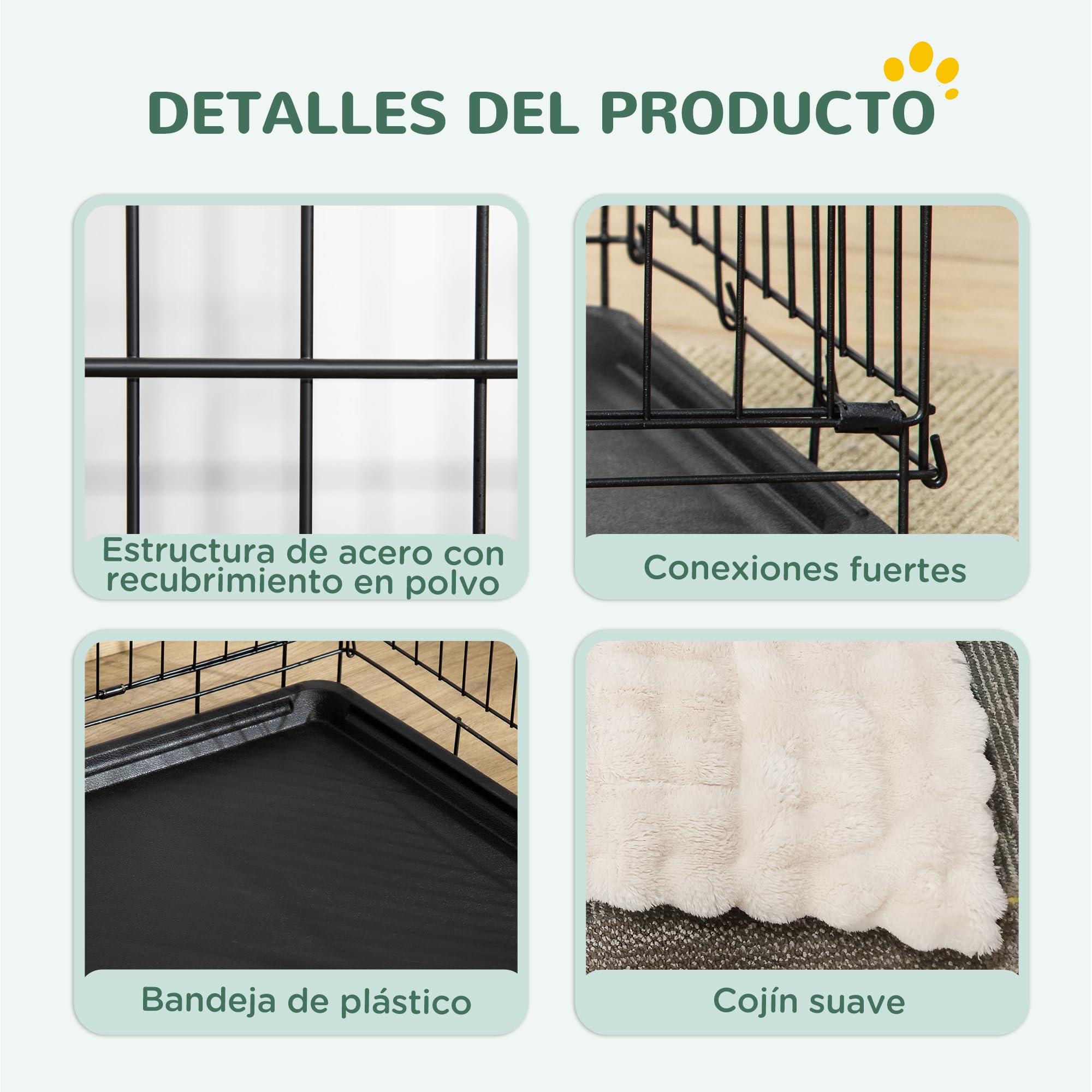 PawHut Jaula para Perros Plegable, Jaula para Perros Pequeños con Cojín, 2 Puertas, Bandeja Extraíble y Marco de Alambre Metálico, 75x48,5x53 cm, Negro y Beige