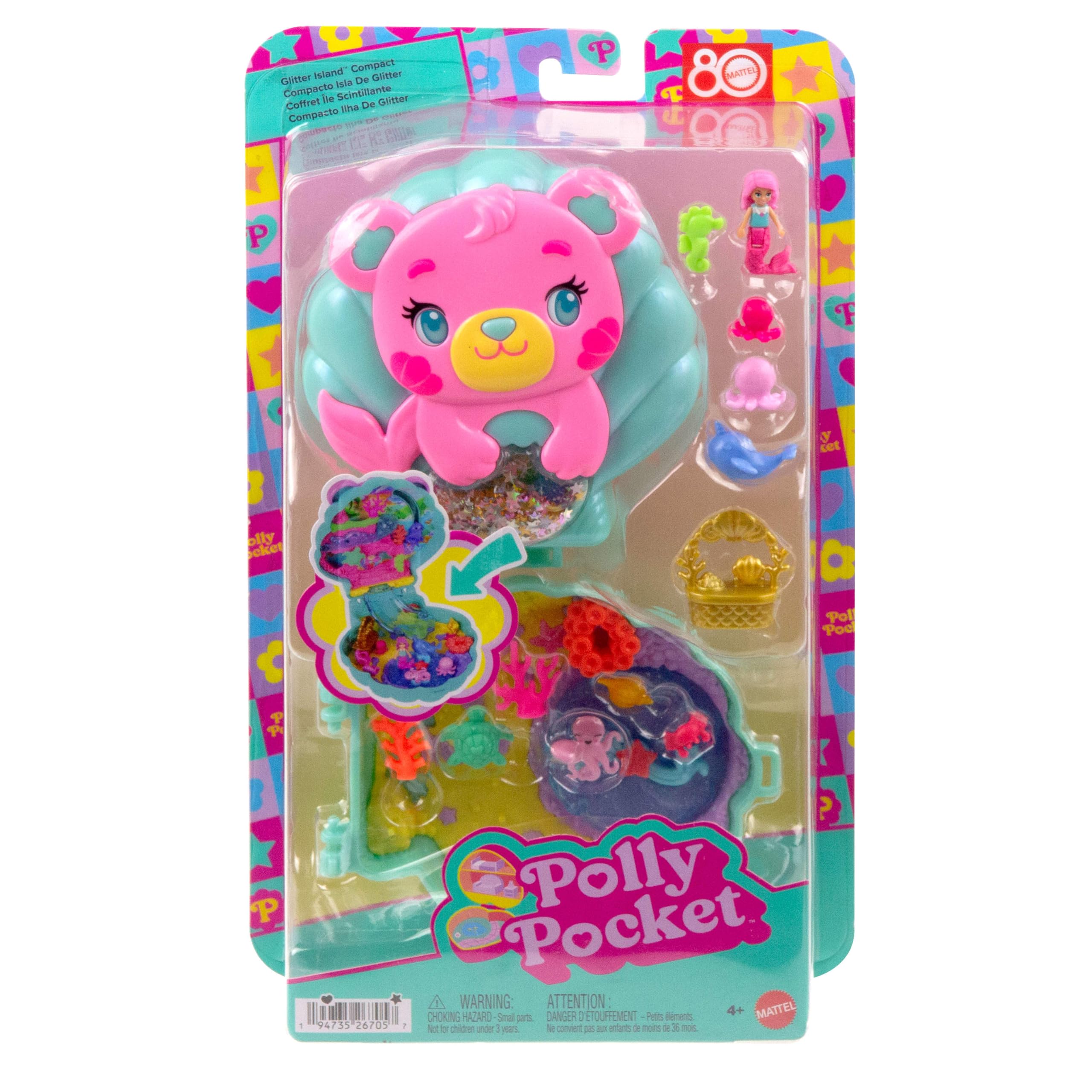 Polly Pocket - Cofanetto Magici Glitter, set portatile a forma di conchiglia con una microbambola sirena, cuccioli marini e 11 accessori a tema inclusi, giocattolo per bambini, 4+ anni, JCB16