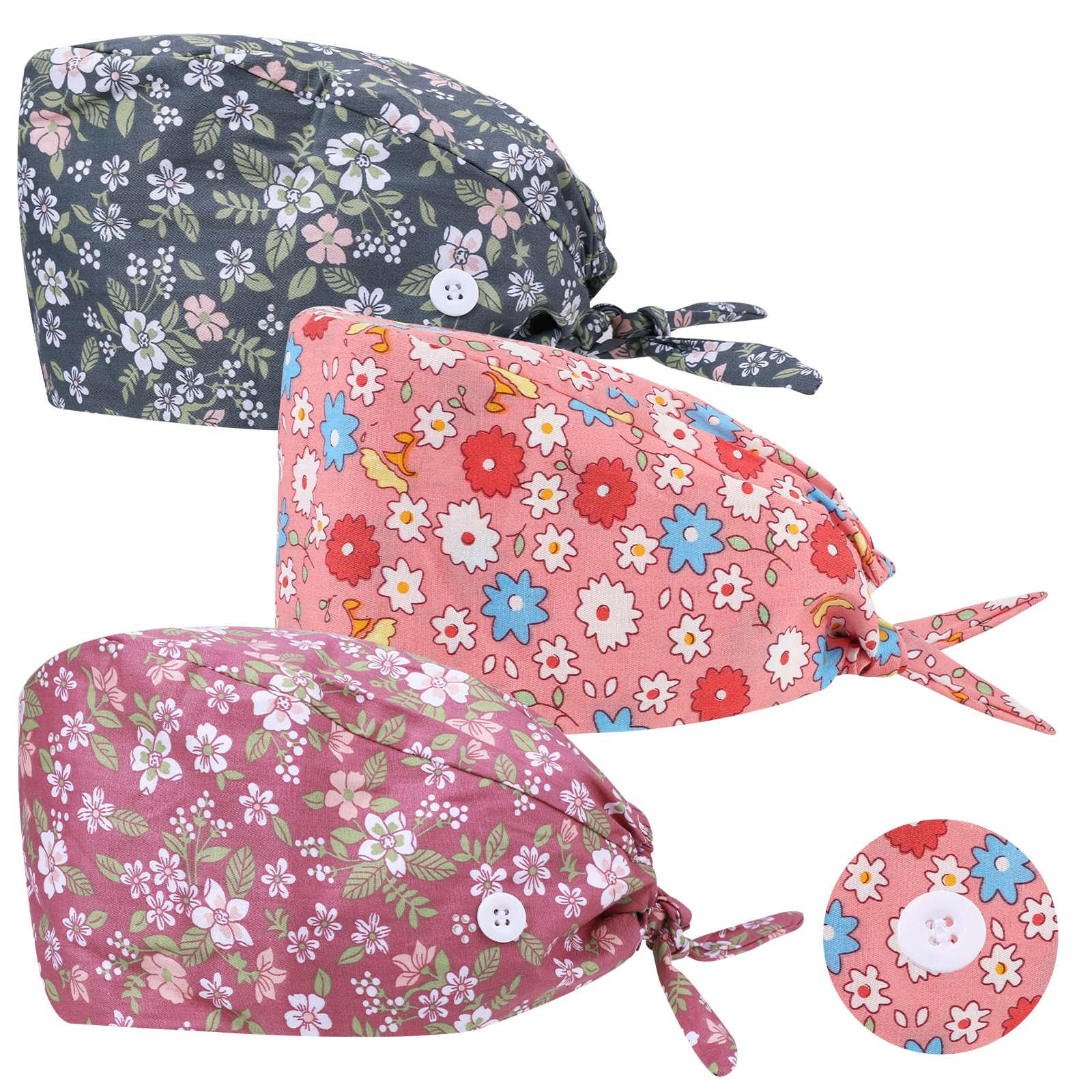 3 Pack Scrub Cap Printed Bouffant Cap Working Cap Beanie Hat Adjustable Sweat Absorption Cap with Sweatband for Women