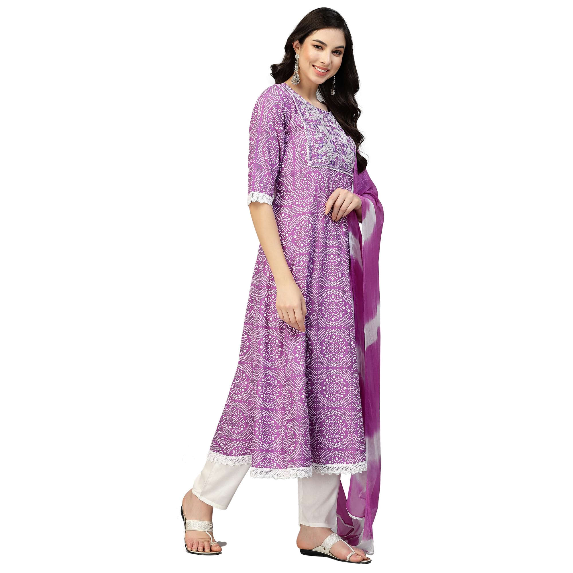 Stylum Women's Bandhej Printed & Embroidered Anarkali Kurta Pant Dupatta Set (Kpdpurplecloudy36_Purple, S)