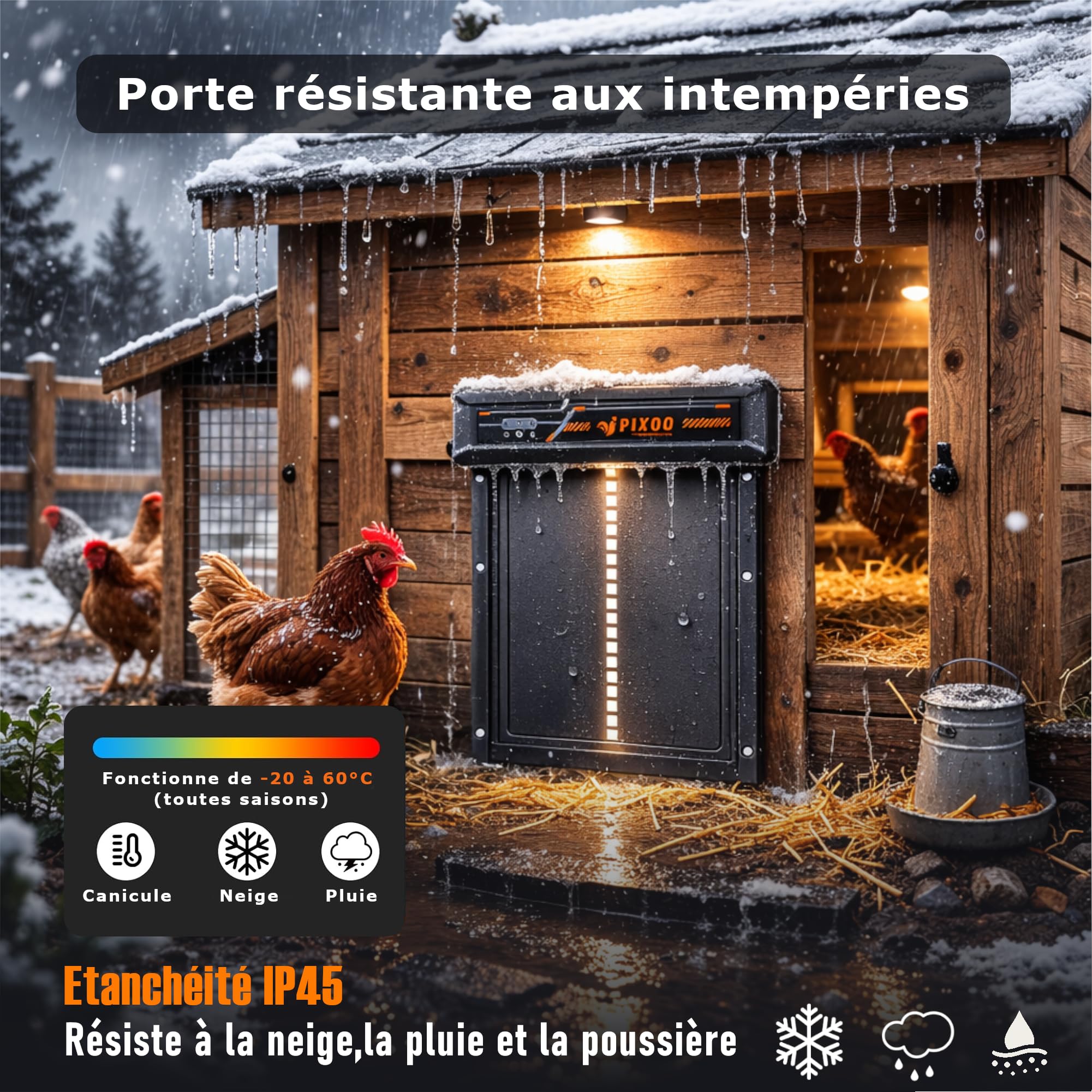 Porte Poulailler Automatique Solaire, Télécommande 120m, 4 Modes Timer/Luminosité, Anti-Pincement, Aluminium IP45, Batterie Rechargeable, 24x28cm