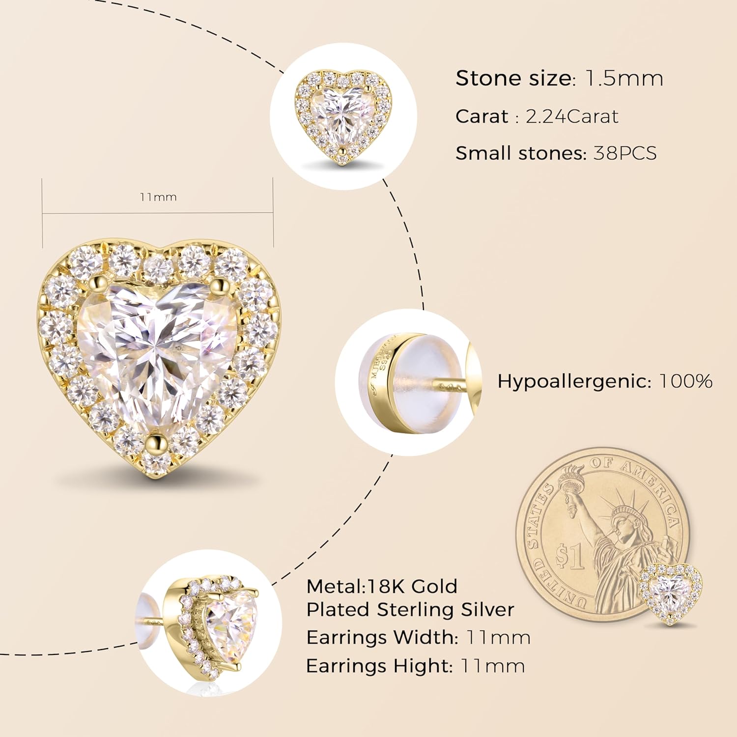 Moissanite Stud Earrings, Heart Earrings 18K Yellow Gold 2.24 Carat Moissanite Diamond Stud Earrings for Women（D Color VVSI）