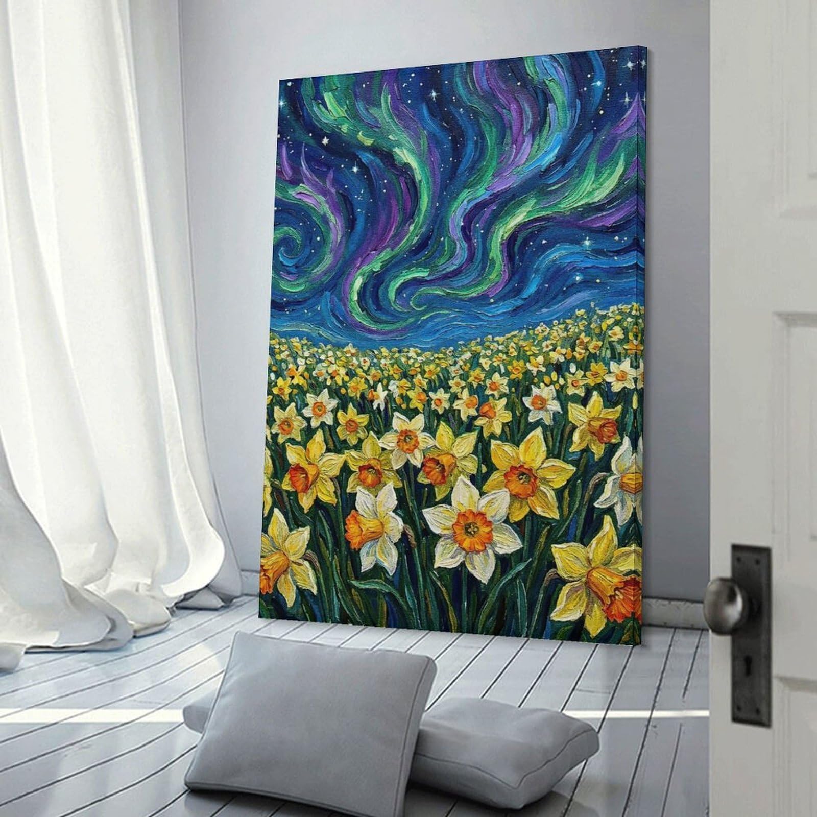 Junmoney Daffodils Under The Northern Lights Painting Home Decor Wall Art 12x18inch(30x45cm), for Restful Interiors, Bedrooms Or Small Rooms, Decorative Wall Art for Cosy Rooms