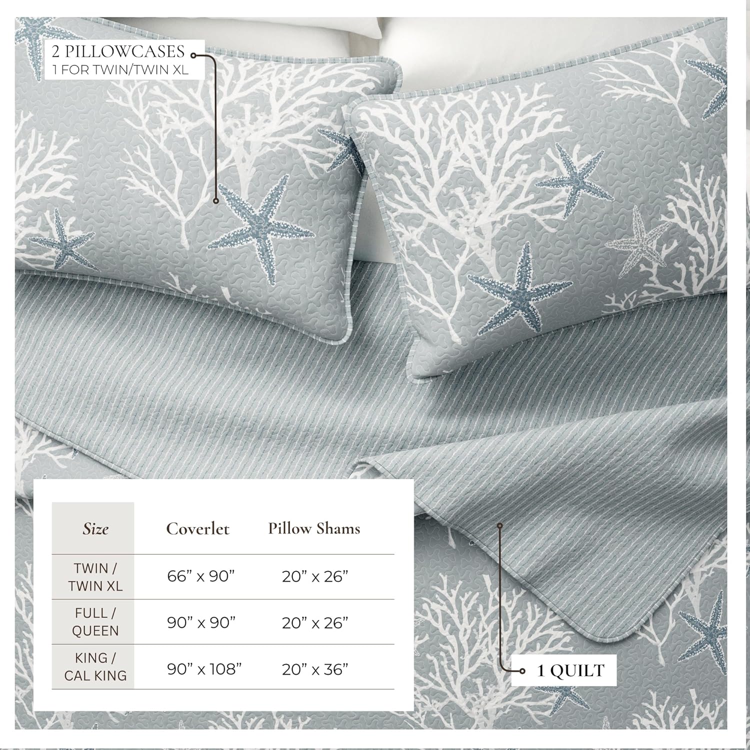 Great Bay Home Coastal Quilt Set - 3-Piece Full/Queen Size Nautical Bedding Set - Lightweight, All-Season, Reversible Bedspread (Pearl Blue)