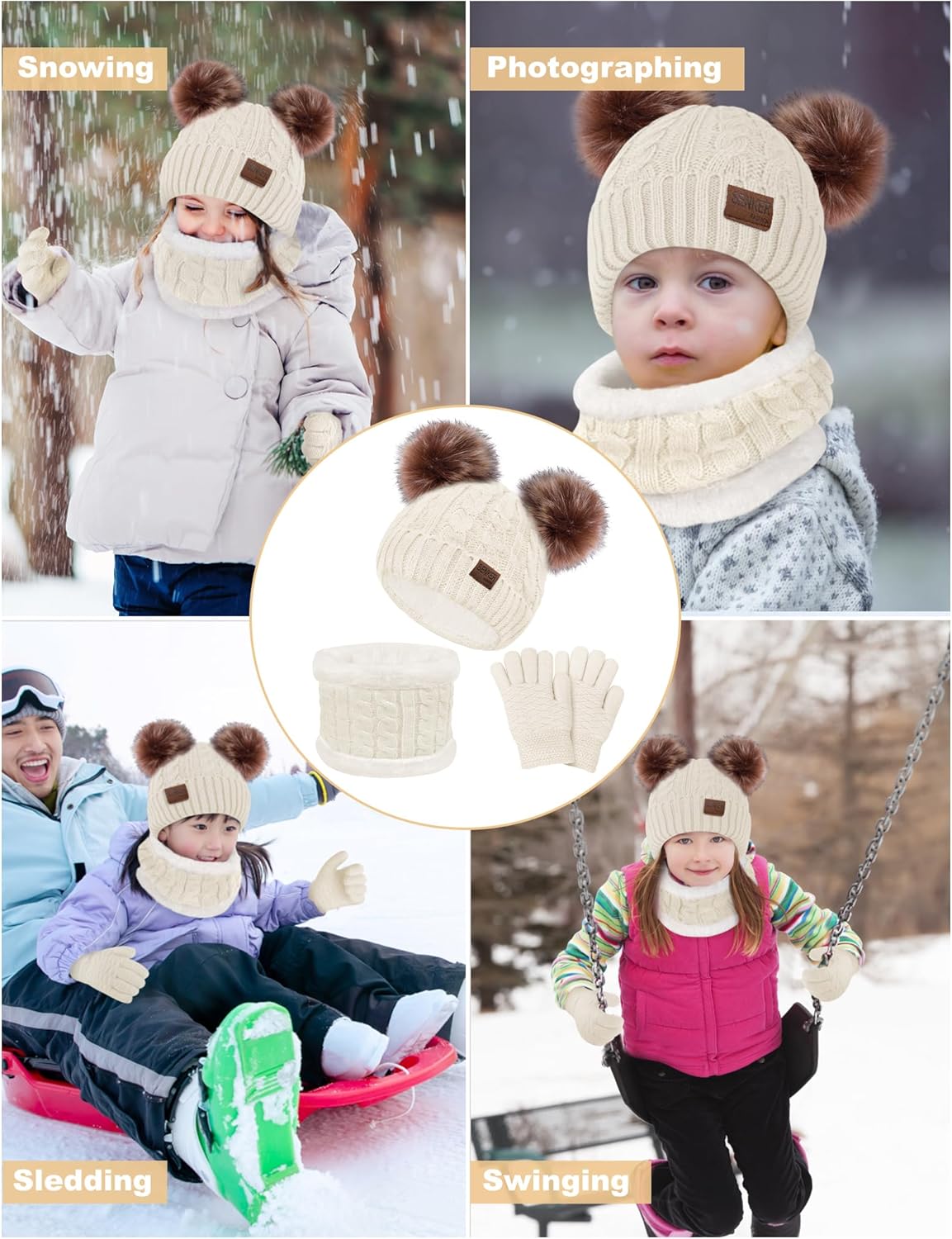 Senker Fashion Kids Winter Beanie Hat Scarf Gloves Set for Girls Boys Knit Warm Pompom Toddler Hats Mittens Neck Warmer - Image 6
