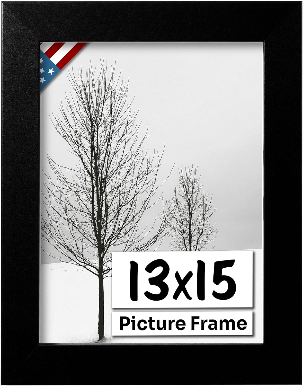 Flat Black 13x15 Picture Frame - Handmade American Flat 1" Wide Engineered Wood Frame for Wall Décor with Preinstalled Hangers and UV Blocking Plexiglass, 13x15 Frame