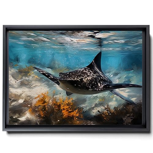 Nautical Print on Canvas for Wall Decor, Ocean Fish Manta Ray Canvas Wall Art, Beach Print for Wall Hang, Turquoise Coastal Pictures Wall Decor,