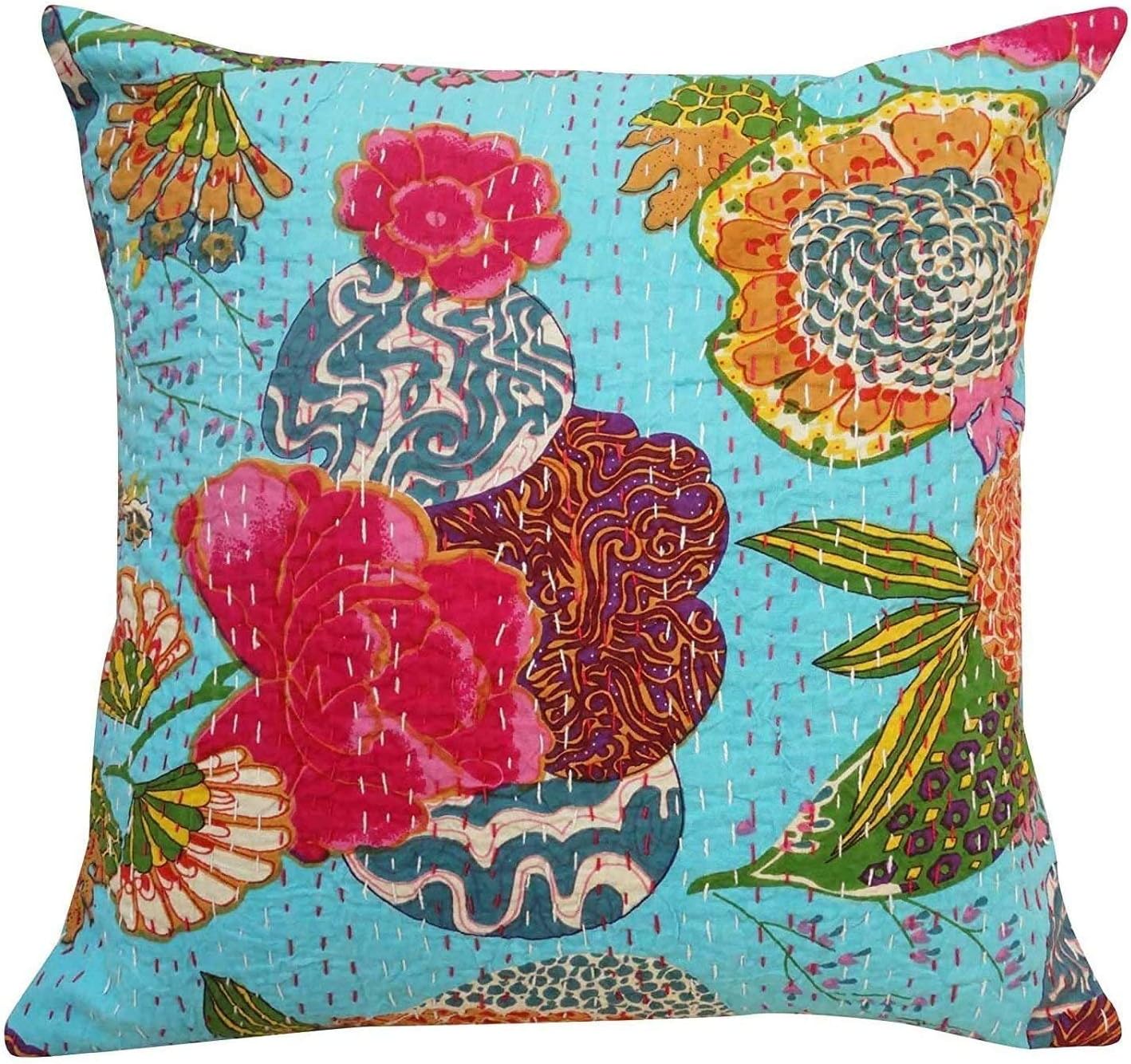 The Harry Creations 100% Cotton Boho Chic Kantha Pillow Case Handmade Cotton Bohemian Fruit Decorative Throw Hippie Sofa Cushion Cover (Grey, 16" x 16")