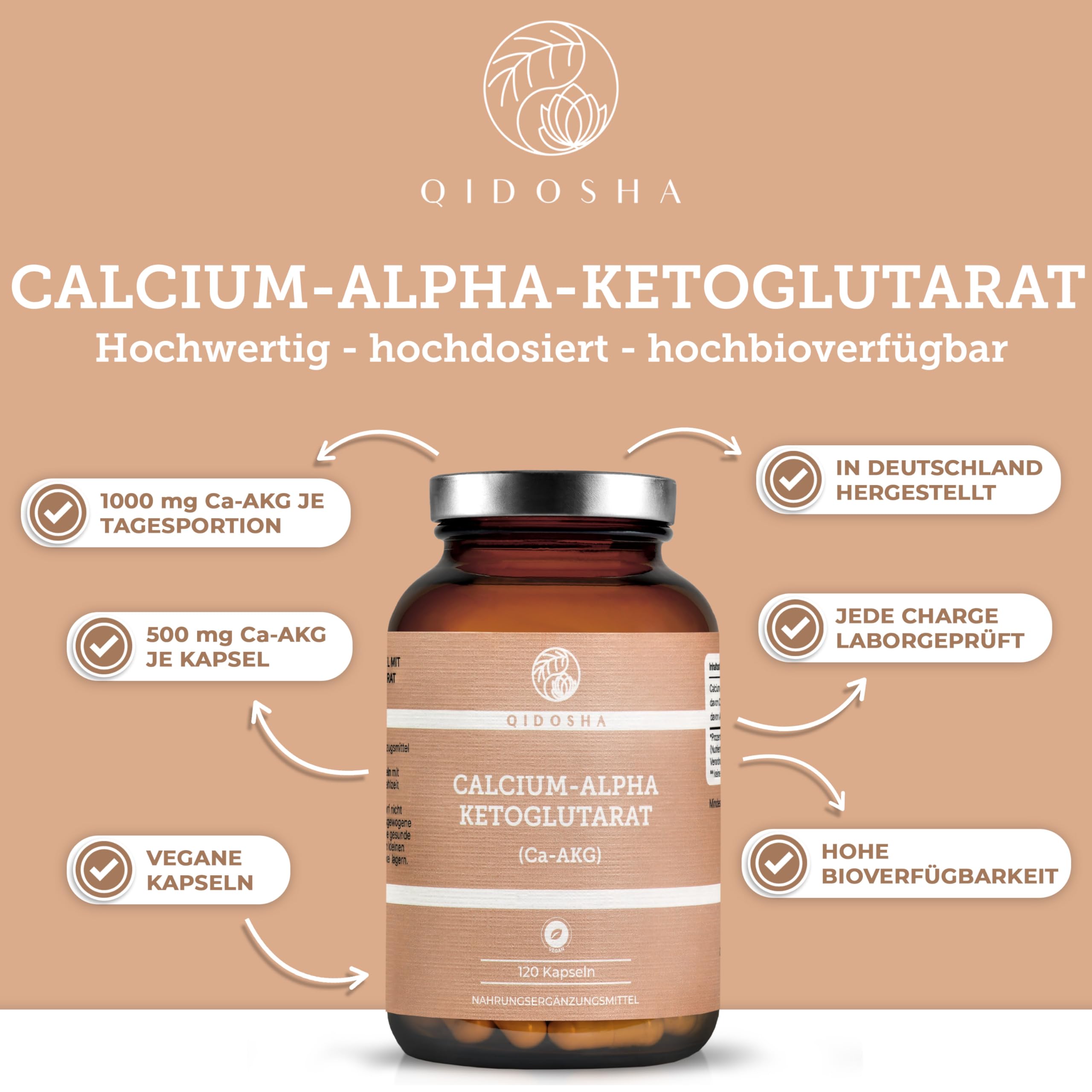 QIDOSHA® Calcium-Alpha-Ketoglutarat Ca-AKG, 120 Kapseln im Apothekerglas, deutsche Fertigung, jede Charge laborgeprüft