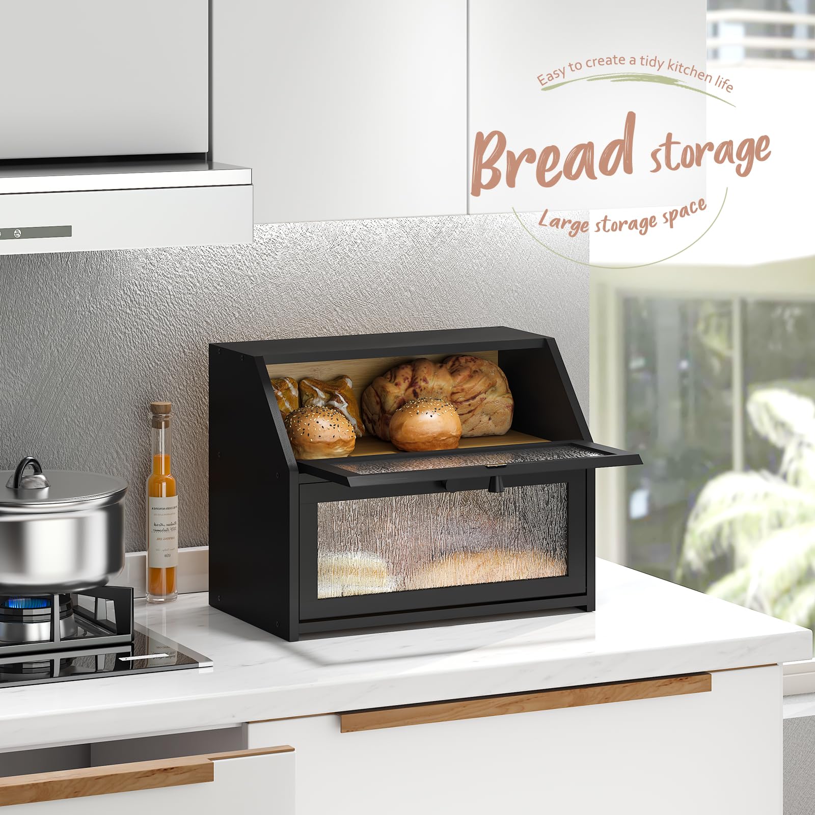 STDDRE Panera para encimera de cocina, contenedor hermético de almacenamiento de panera de gran capacidad, caja de pan de granja de doble capa con patrón de árbol y ventana (negro bambú)