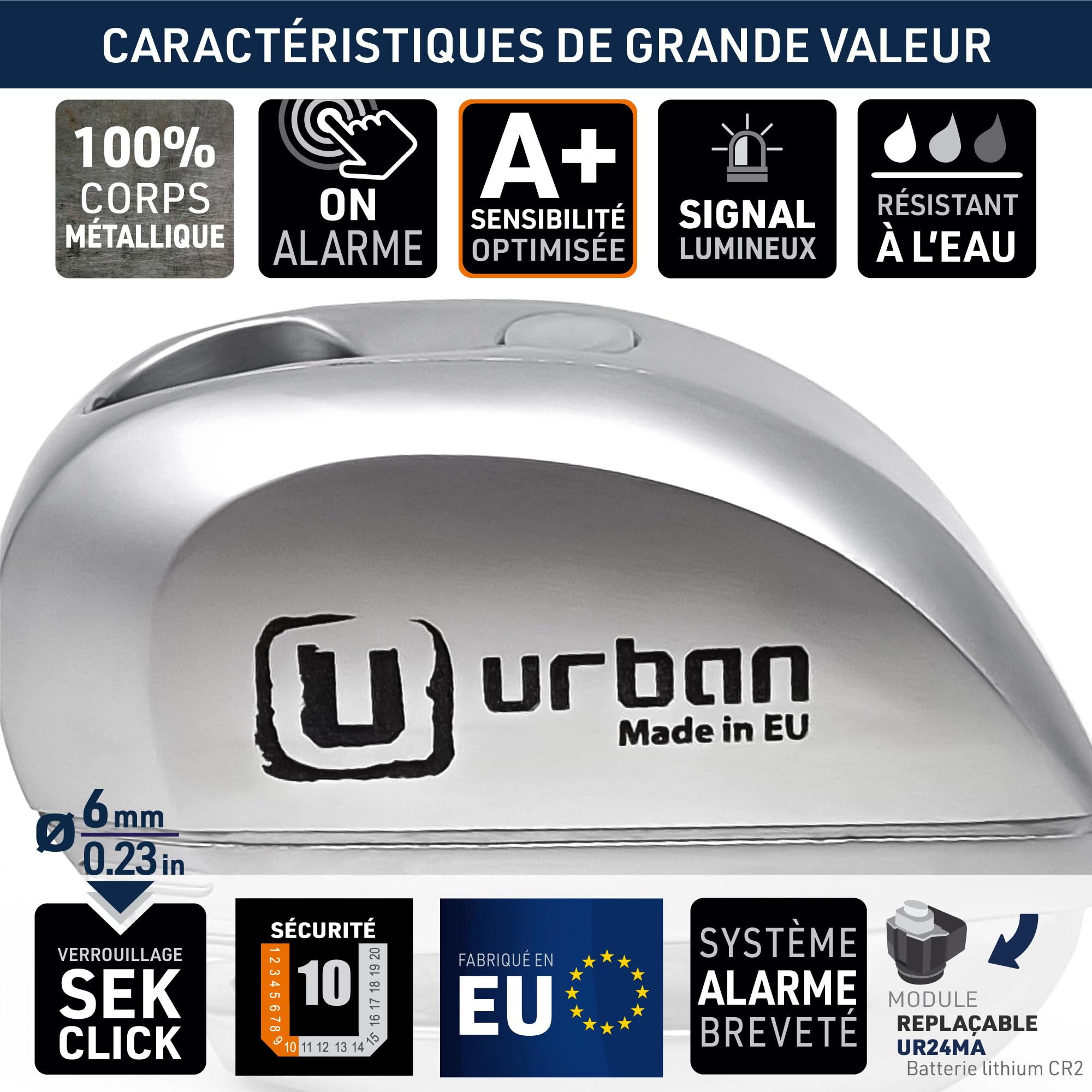 URBAN UR22 Antivol Bloque Disque avec Alarme + Avertissement 120dBA, 6 mm, fabriqué dans l'UE, Universel pour Vélo, Moto, Scooter, Acier INOX, métallique