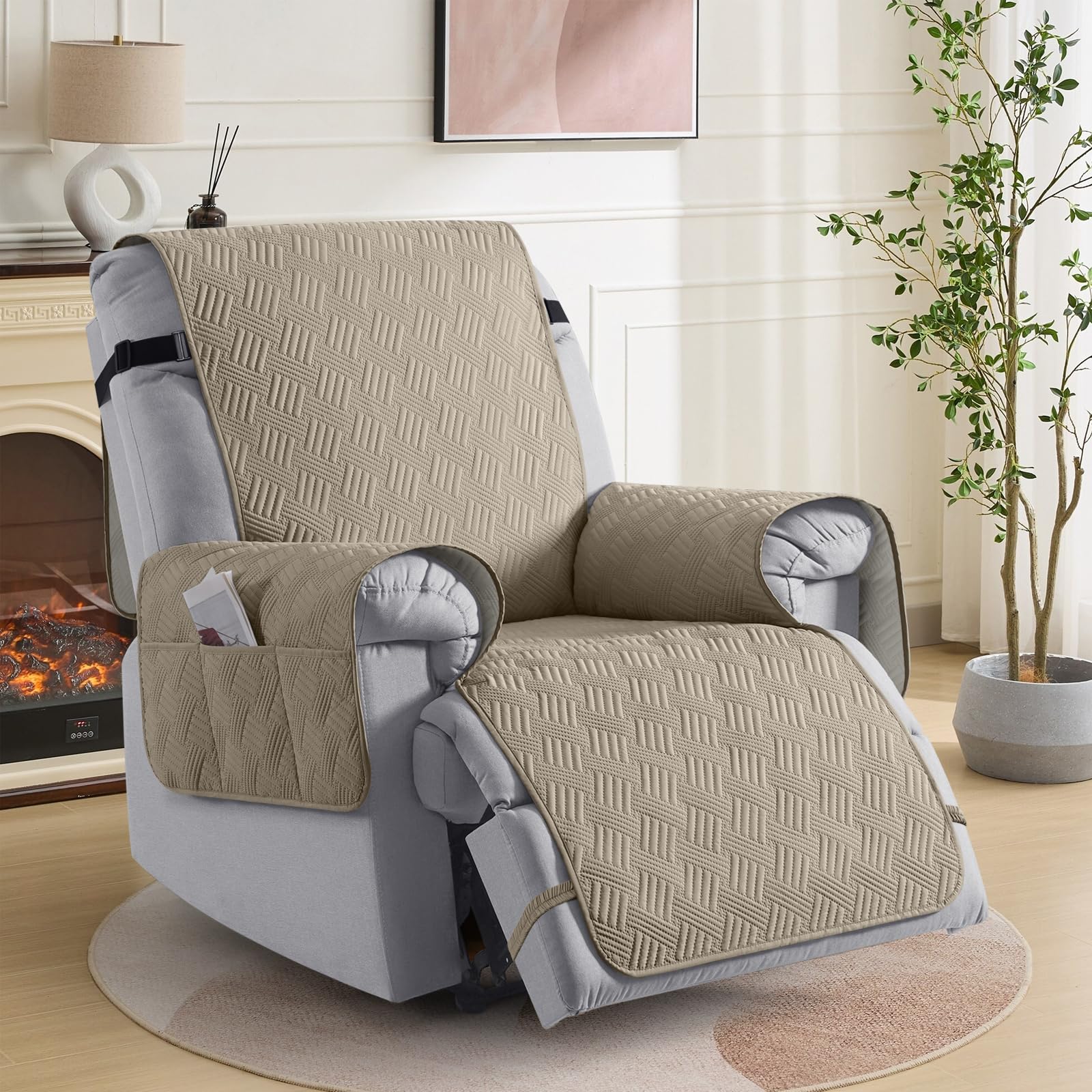 KinCam Housse de Fauteuil Relax étanche avec Poche et Sangles élastiques, Antidérapant Housse Fauteuil Relax pour Chiens et Chats, Douce et Lavable Housse canapé Relax 1 Place Taupe