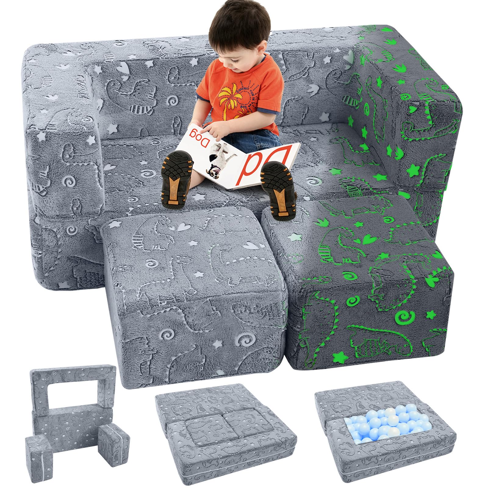 MeMoreCool Kids Sofa Bed, Modular Toddler Chair Couch, Glow in The Dark Baby Mini Couch Lounger Fold Out, Kids Bedroom Furniture for Playroom, Grey Dinosaur