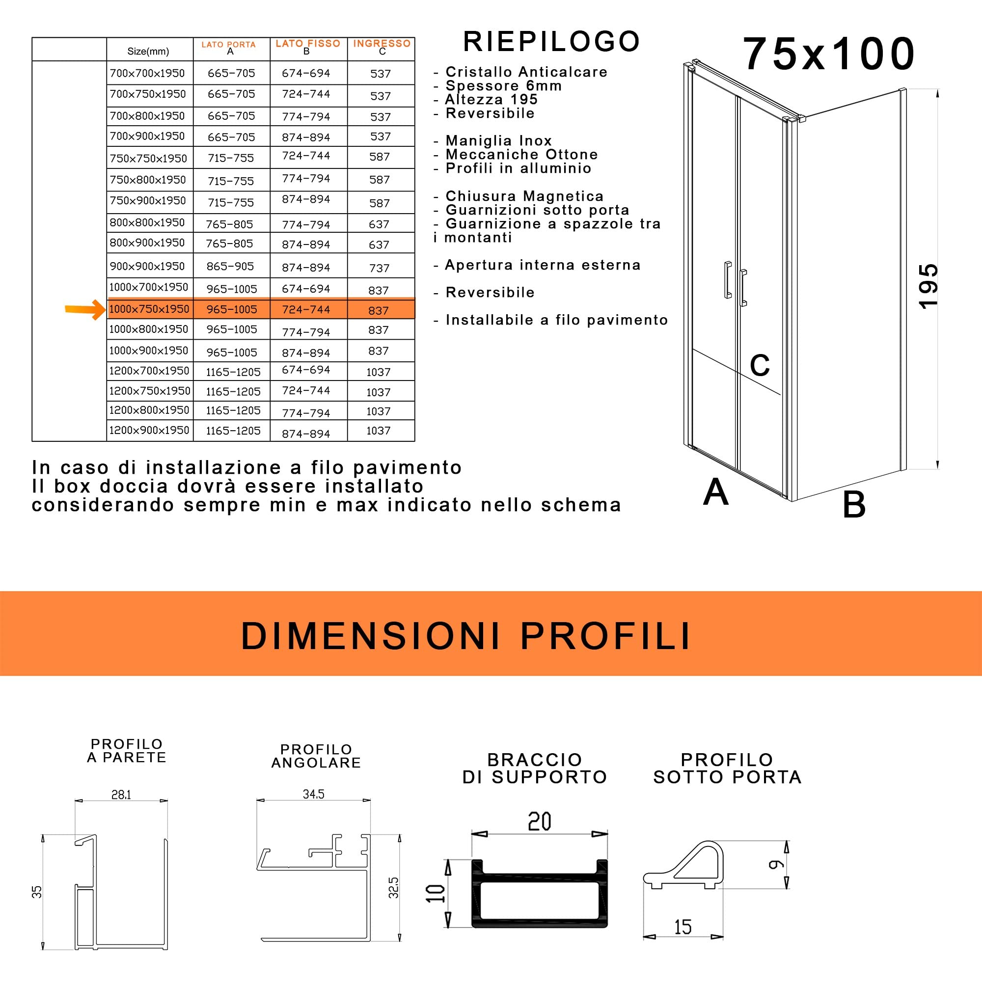 Box doccia due lati con porta saloon H195 6mm anticalcare Dobla - Misura 75