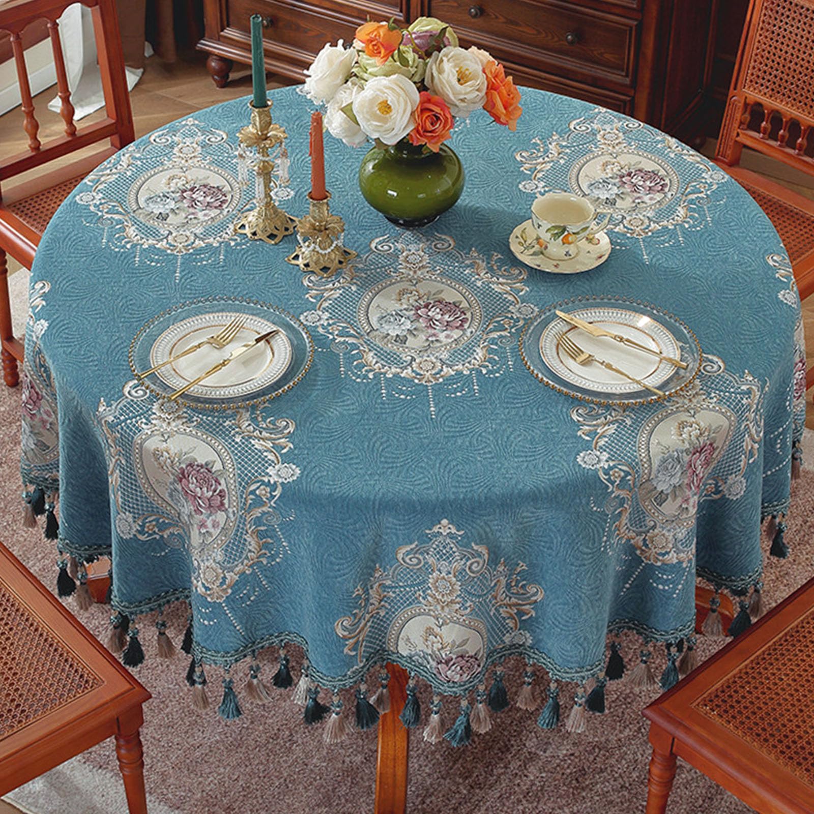 Nappe ronde rétro de 260 cm avec bordure tissée de banquet