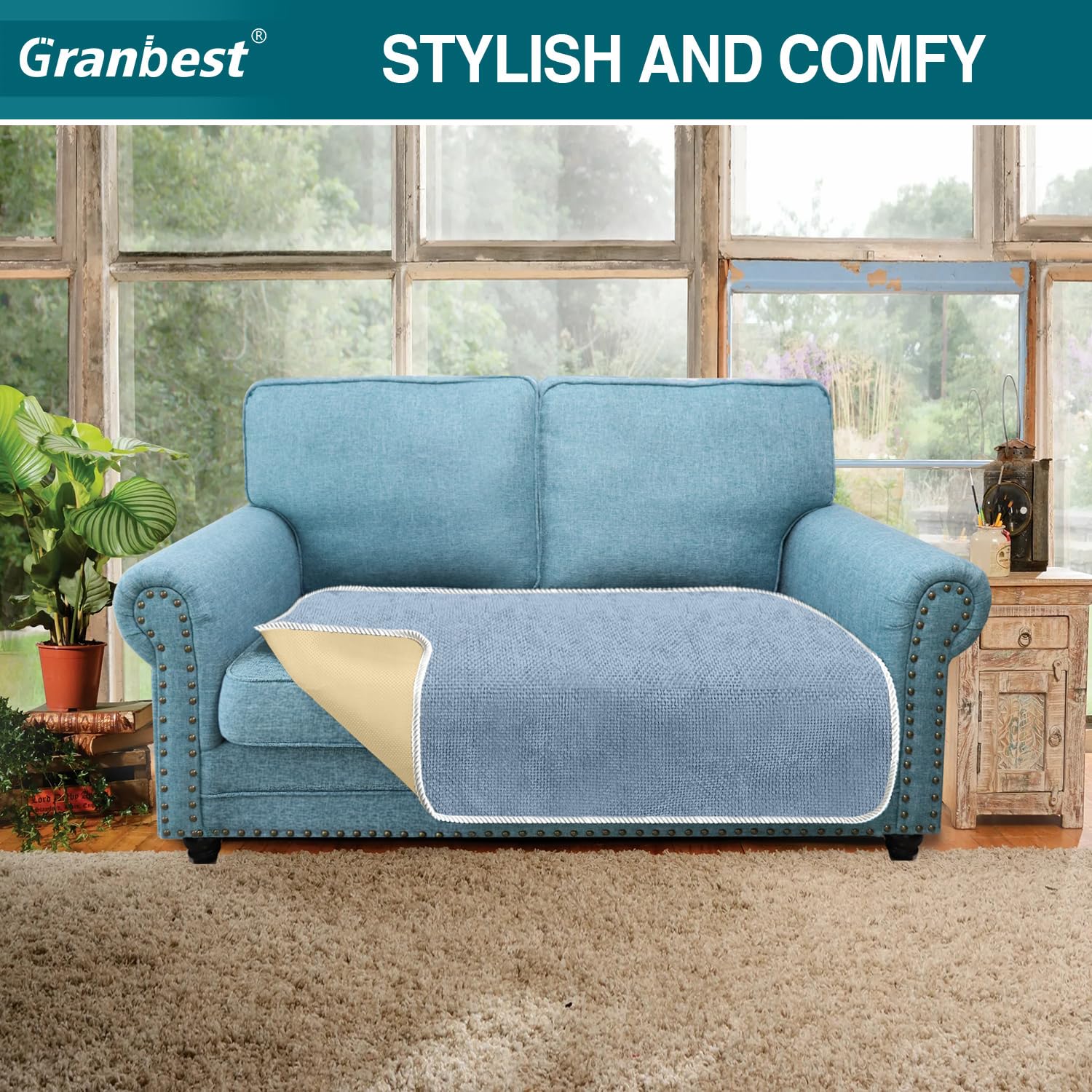 Granbest Non-Slip Sofa Seat Covers 2 Seater Thick Chair Cover Protectors from Pets Universal for All Seasons (2 Seater, Azure Blue) - Image 3
