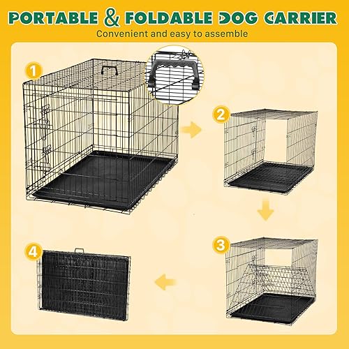 Miniatura 6 de DUMOS Jaula para perros, jaula grande de doble puerta de 48 pulgadas con bandeja de plástico a prueba de fugas, plegable de alambre de metal de