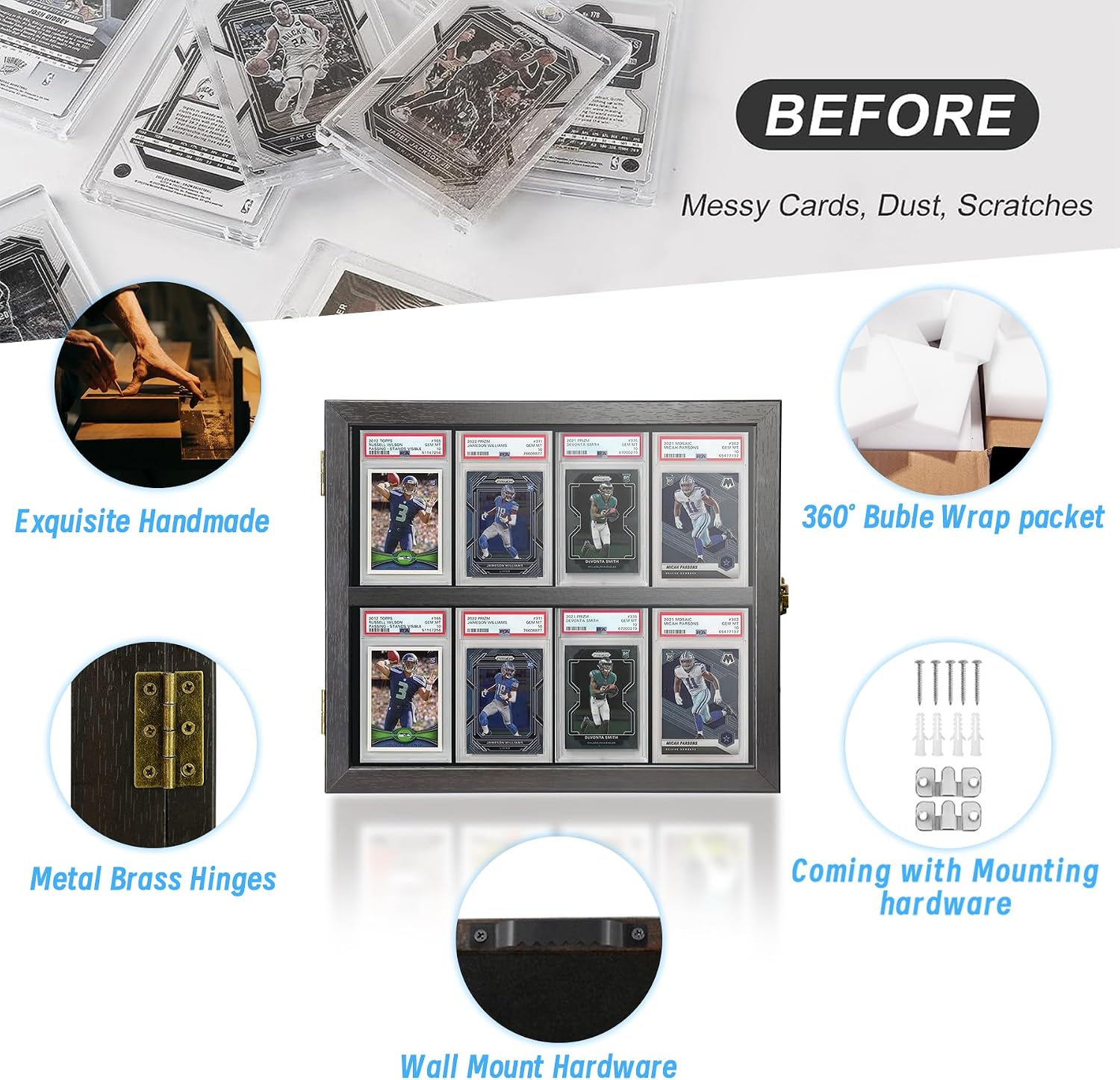 Baseball Card Display Case, 8-Slot Graded Card Wall Display with Lockable Graded Card Wall Display with HD Tempered Glass for Sports and Pokemon Cards, PSA Slab Display Frame, Black