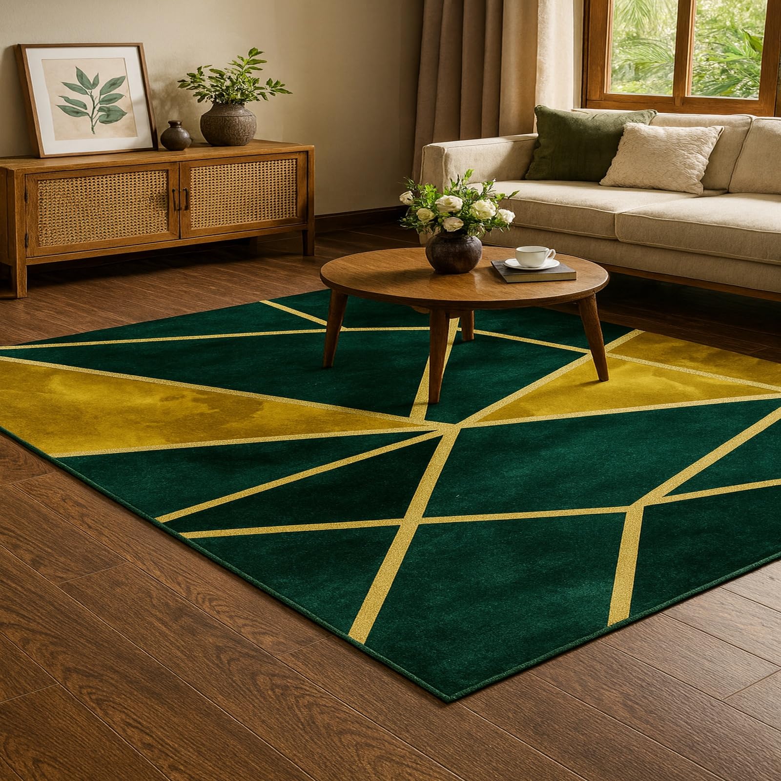 Tapis de salle à manger multicolore vert jaune grand format 155x215