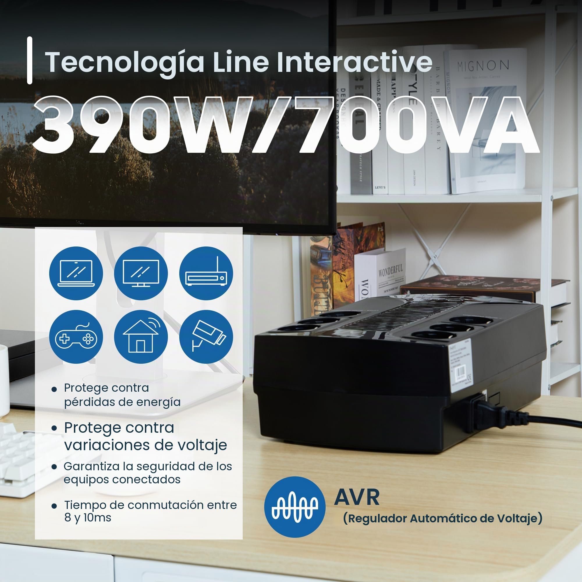 Ewent EW3945 SAI Sistema de Alimentación Ininterrumpida,SAI Line Interactive de 600VA,Fuente de alimentación de protección contra sobretensiones,AVR,Conexión a Tierra,6 Conectores de Salida Schuko