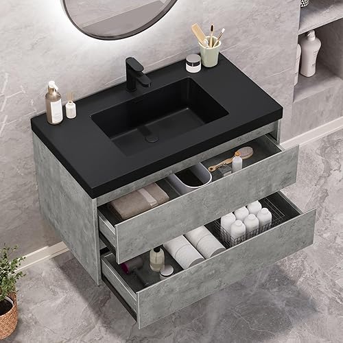 Miniatura 3 de DWVO Tocador flotante de 36 pulgadas montado en la pared con lavabo acrílico negro y 2 cajones de madera, lavabo de baño moderno con armario