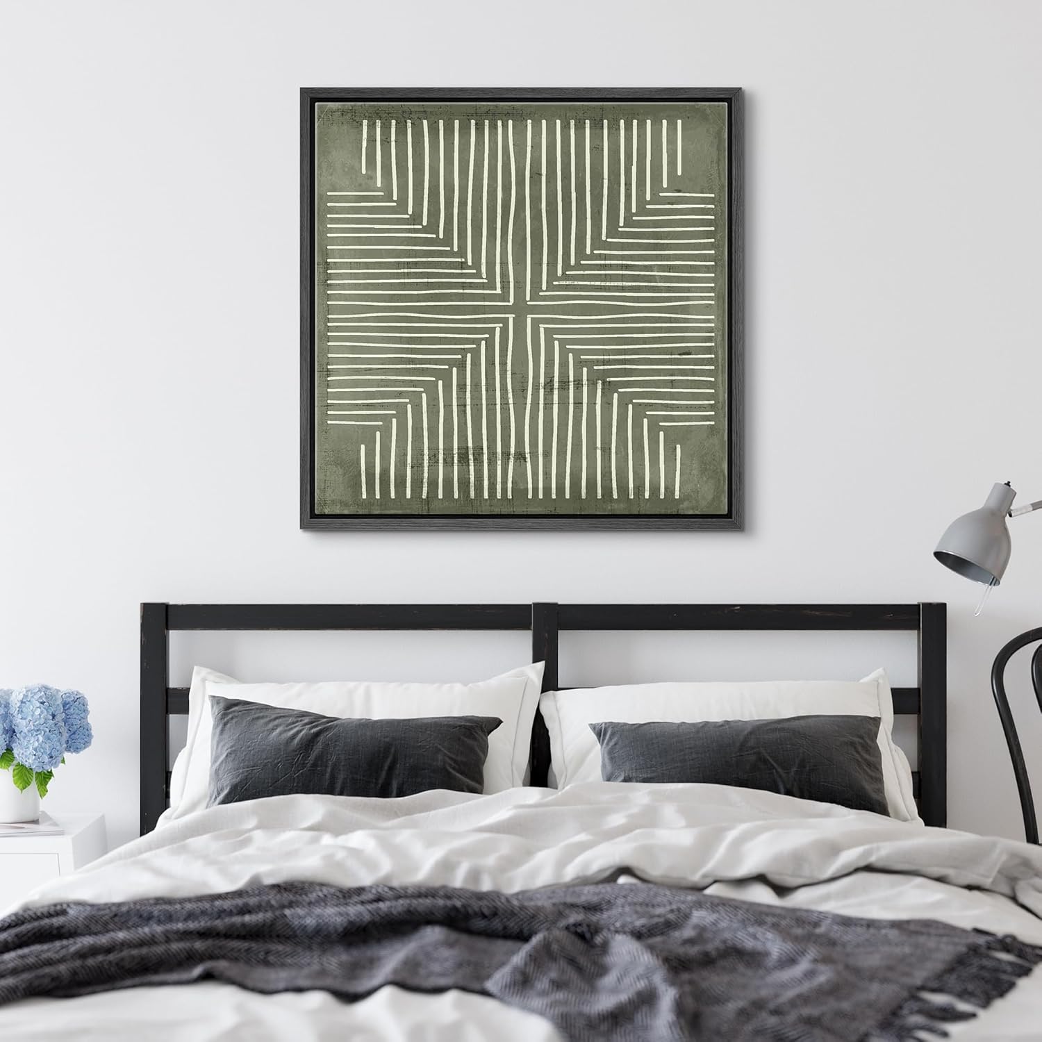 SIGNFORD Framed Canvas Print Wall Art Grayscale Linear Pattern Abstract Stick Figure Illustrations Modern Art Relax/Calm Warm for Living Room, Bedroom, Office - 24"x24" Black