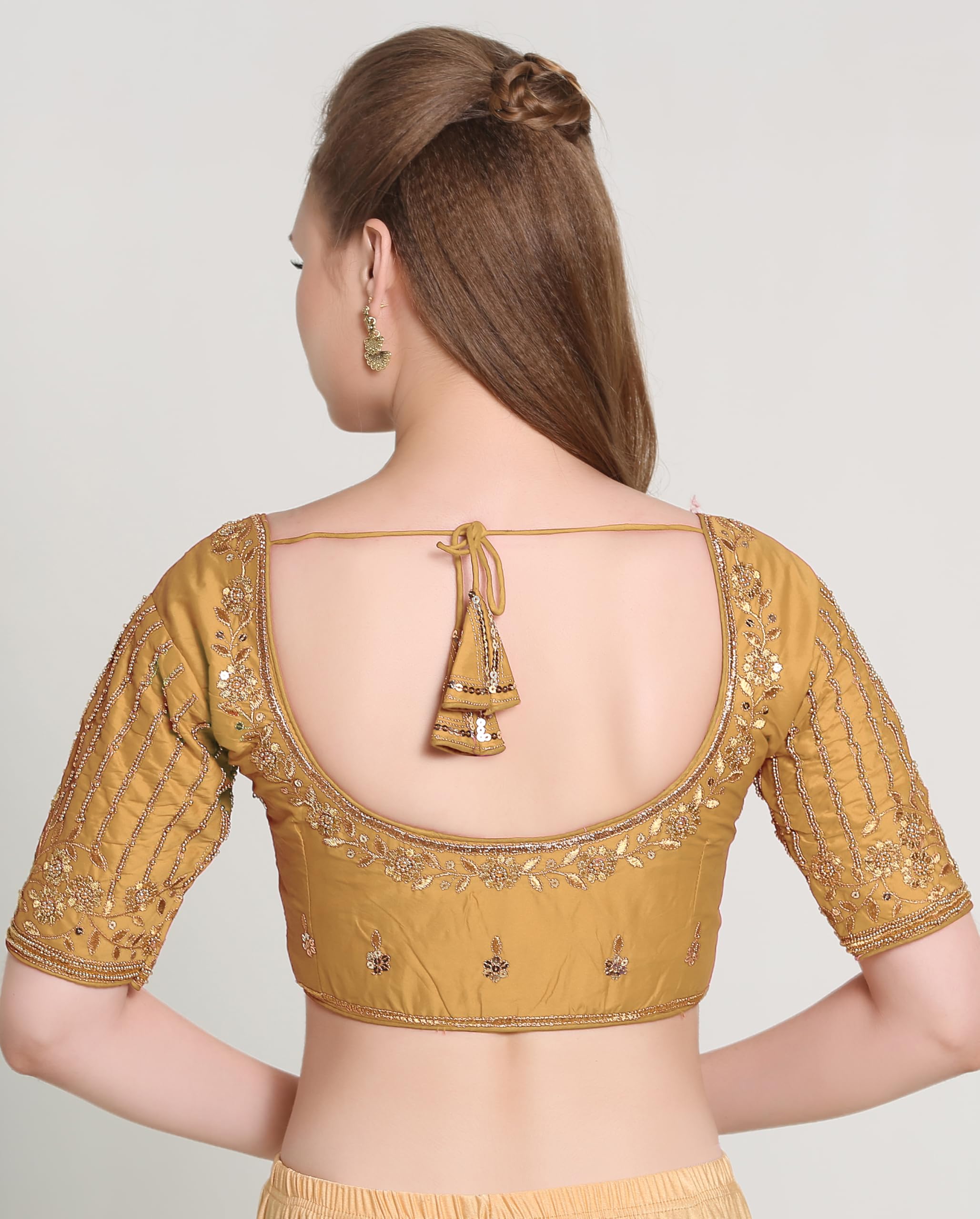 Pujia Mills Women's Readymade Bridal Embroidery Blouse Multi Coding Maggam Work Moti Work Indian Ethnic Designer Stitched Readymade Saree Half Sleeve Gold Blouse For Women For Saree Lehenga Choli