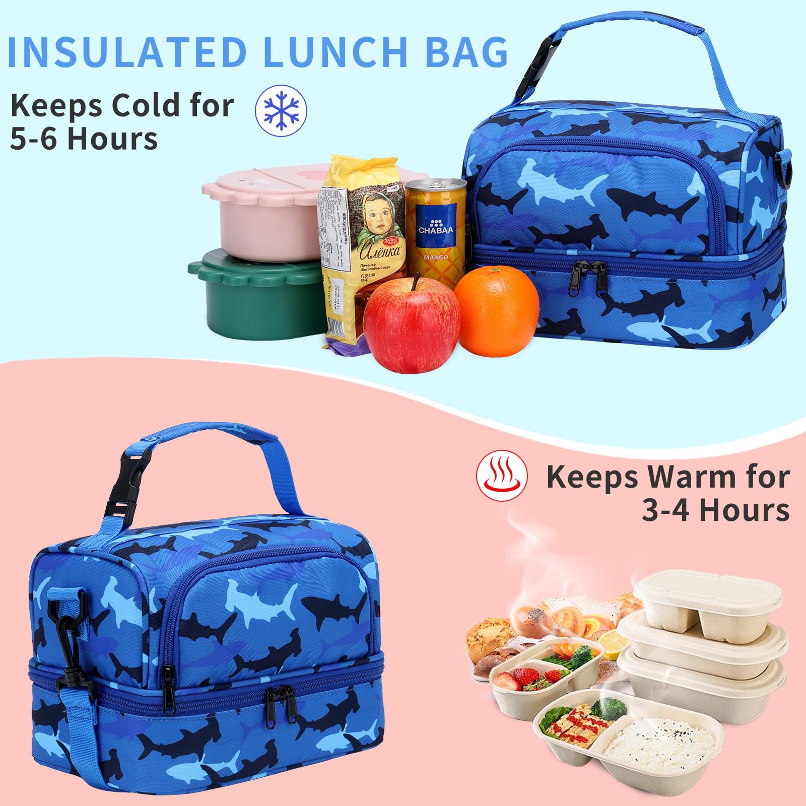 Chase Chic Borsa Termica Bambini, Grande Borsa Termica Porta Pranzo Bambino Bambina Borsetta Frigo Ragazzo Ragazza con Tracolla Staccabile per Picnic Scuola 3-12 Anni, Squalo Blu