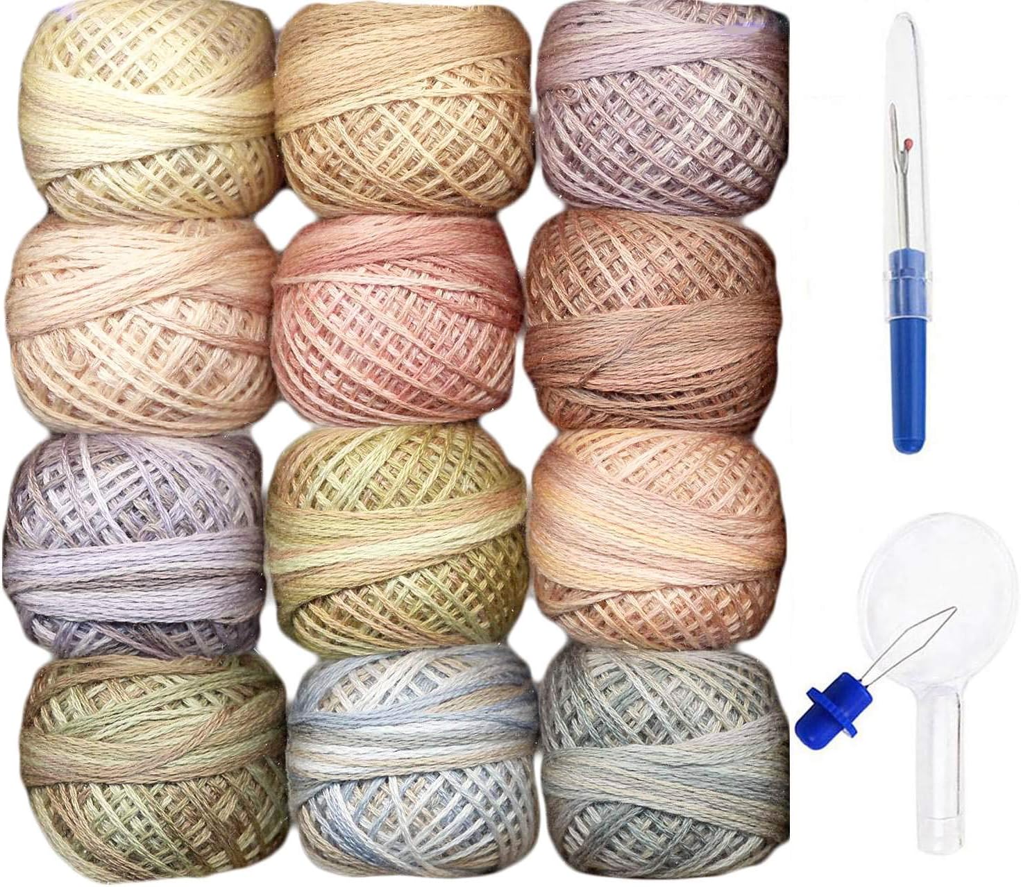Valdani Embroidery Floss 3-Strand Cotton 12-Ball Hand-Dyed Muddy Monet Collection (3SF-Mmonet) with Seam Ripper and Needle Threader
