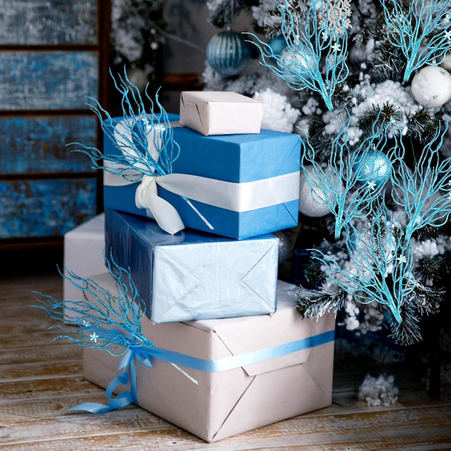 8 Pcs Blue Coastal Christmas Decorations Artificial 15.7inch Artificial Flowers Glitter Coastal Ornaments for Christmas Tree Ocean Beach Coral Nautical Treebranch Stem Pick Filler for Vase