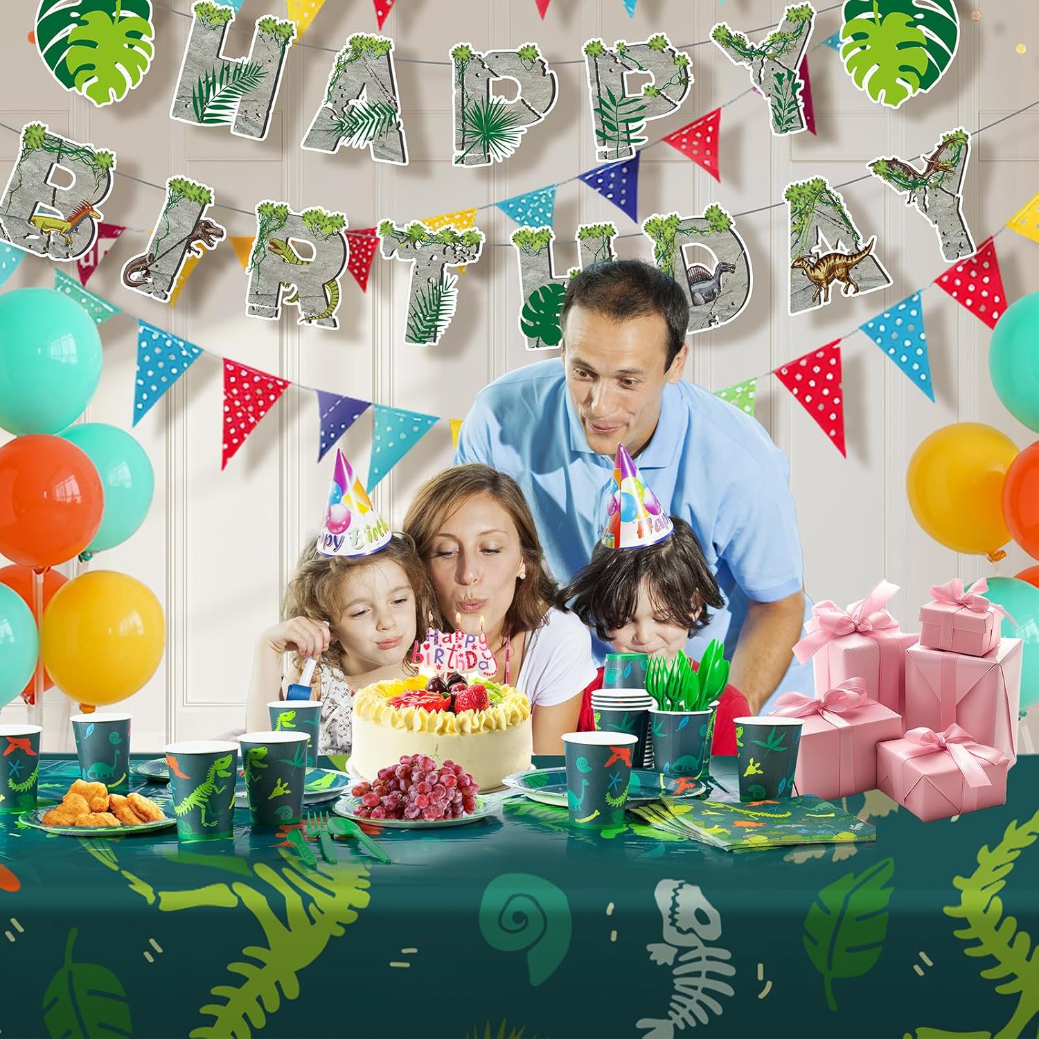 Cecnamt Dinosaur Birthday Decorations, 170 Pcs Dinosaur Party Supplies Including Banner, Plates, Cups, Napkins, Cutlery and Tablecloths, Serves 24