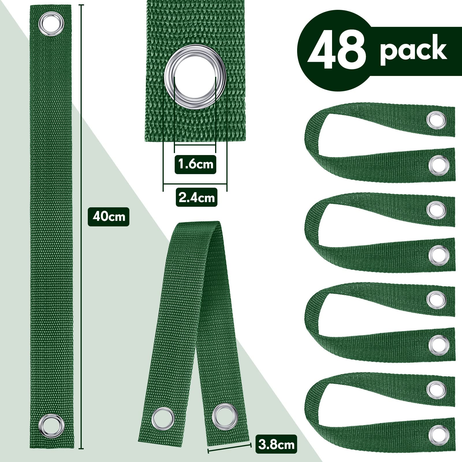 Lot de 48 sangles d'arbre de 40 cm pour piquets avec œillets - Pour jeunes arbres et plantes - Pour piquets de haubans, jeunes plantations et protection contre les ouragans (vert)