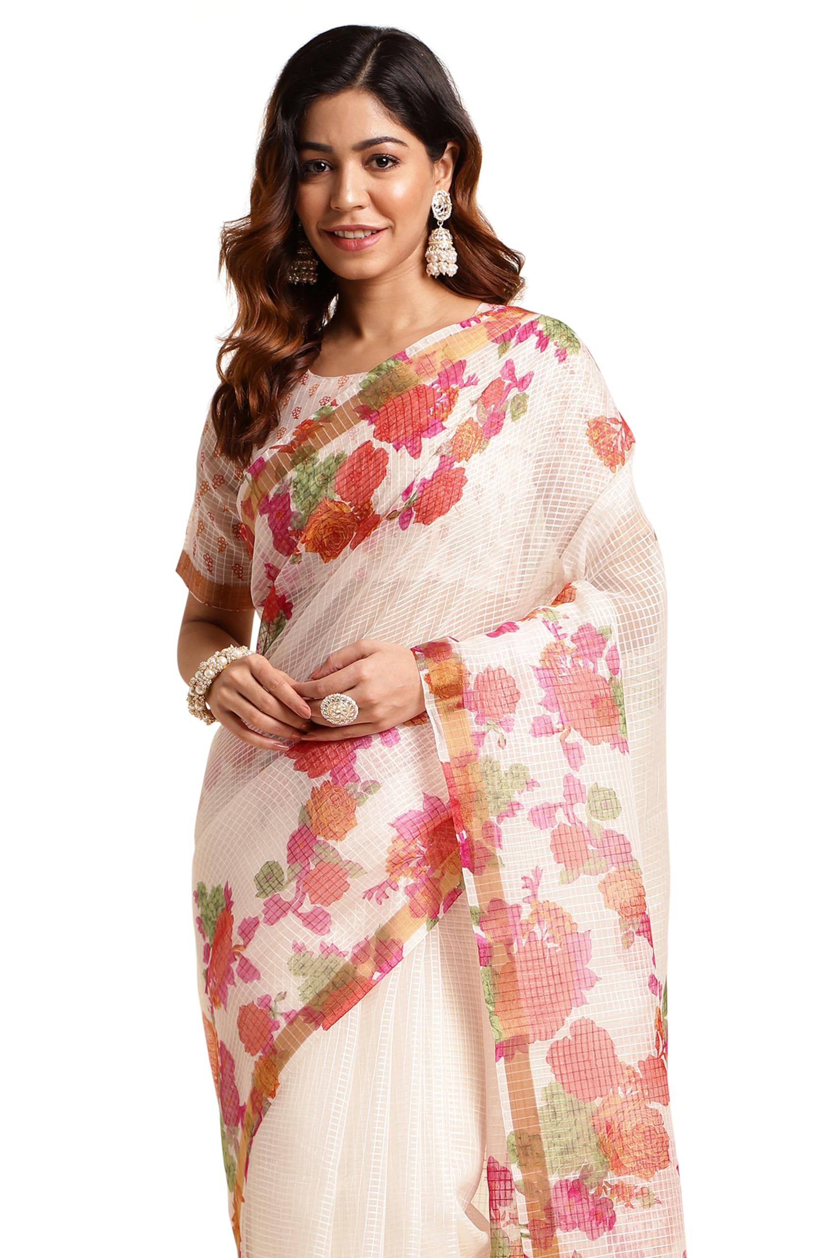 Women's Kota Doria Floral Printed Saree with Blouse Piece