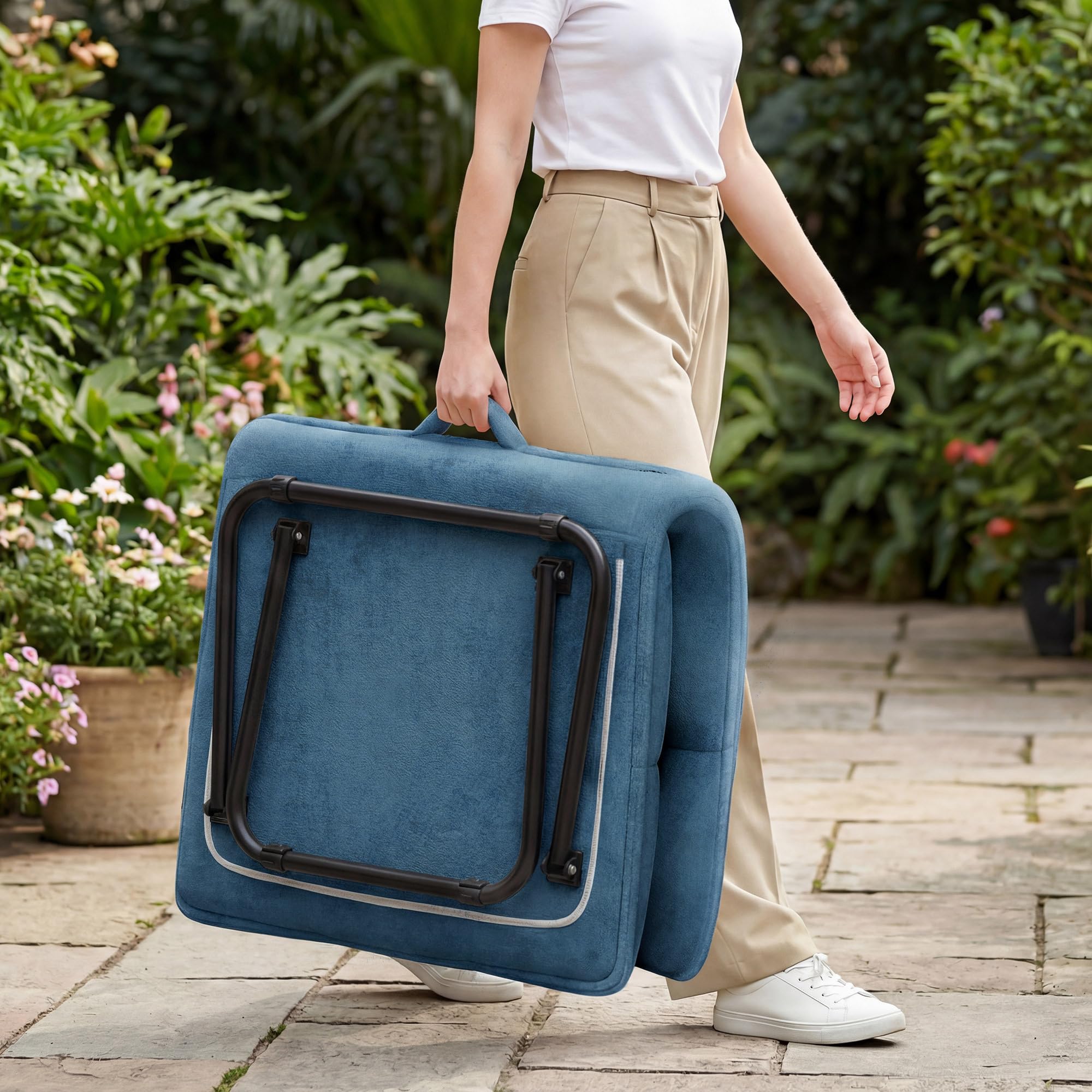 YITAHOME Klappstuhl Loungesessel Sessel Wohnzimmer, Faltbarer Ohrensessel mit Griff & Weichem Komfortpolster, Tragbar bis 150 kg, Platzsparend, Ohne Montage für Zuhause/Büro, Blau, 73×59×70 cm
