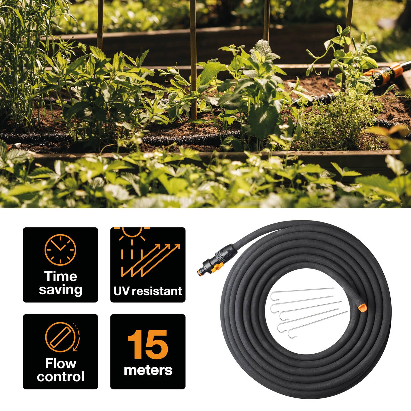 Fiskars Tuyau d'Arrosage, avec Vanne de Contrôle du Débit, Peut être raccourcis, Taille Universelle, 15 m, Ø 1,3 cm (1/2''), 1,63 kg, Noir/Orange, 1025935