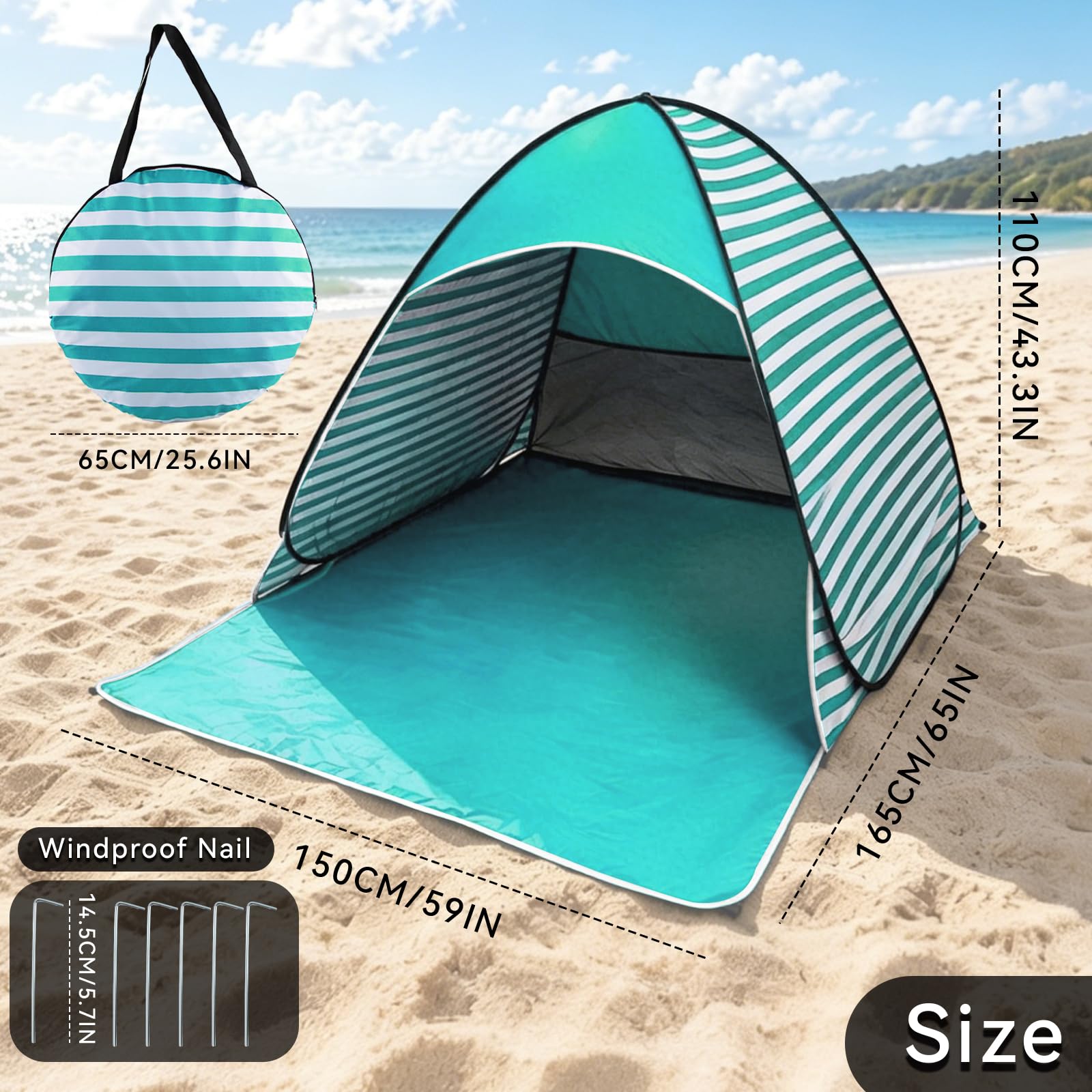 Tenda da Campeggio e Spiaggia Pop-up, Tenda da Spiaggia Portatile, Protezione UV 50+, per 2-3 Persone, con Picchetti, Ideale per Campeggio in Famiglia, Picnic e Spiaggia