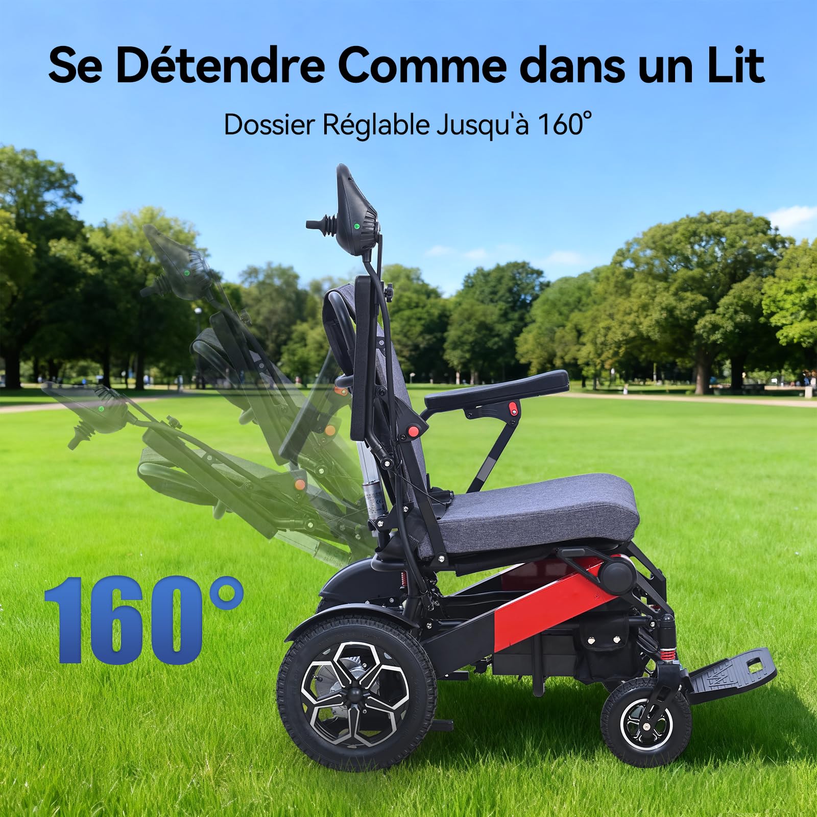 D15 Fauteuil Roulant Électrique Pliable Léger - 500W, Autonomie 20KM, Dossier Inclinable 165°, Repose-pieds Réglable en Hauteur pour Personnes Âgées jusqu'à 150KG