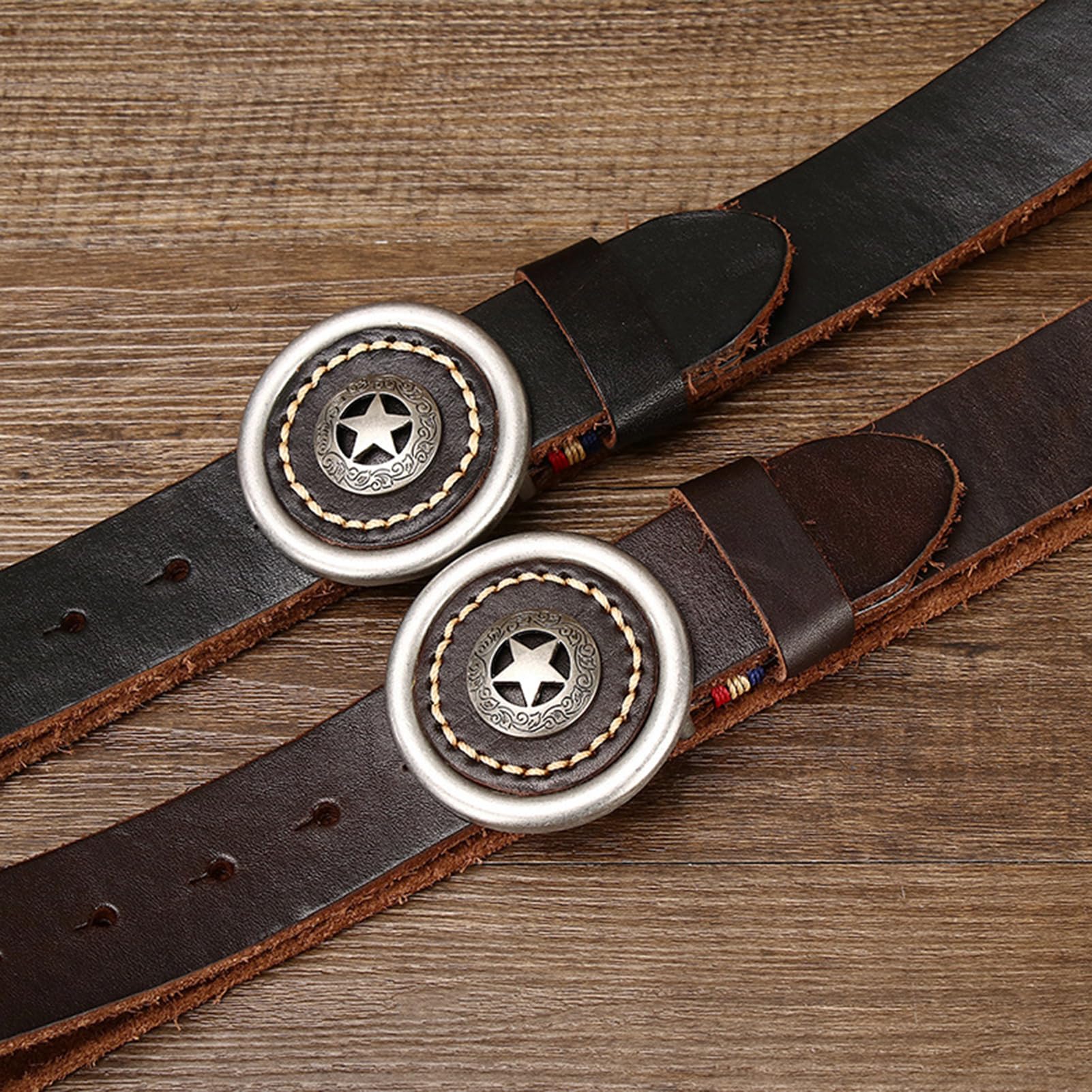 Cintura Western Unisex - Cinturino Da Cowboy Country 1 1/2", Spessore 5, Mm, Fibbia Circolare Con Pentagramma Inciso