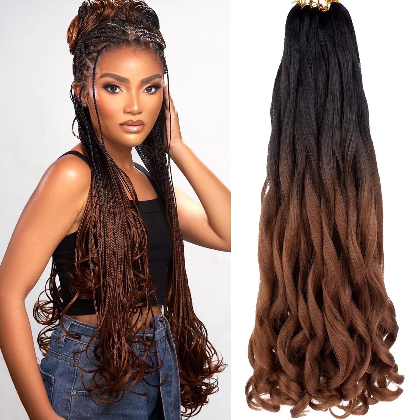COOKOO 9 PCS Pre-stretched French Curls Brading Hair 26 Inch Bouncy Braiding Hair Ombre Brown French Curls Box Braids with Bouncy Synthetic EZ Braids